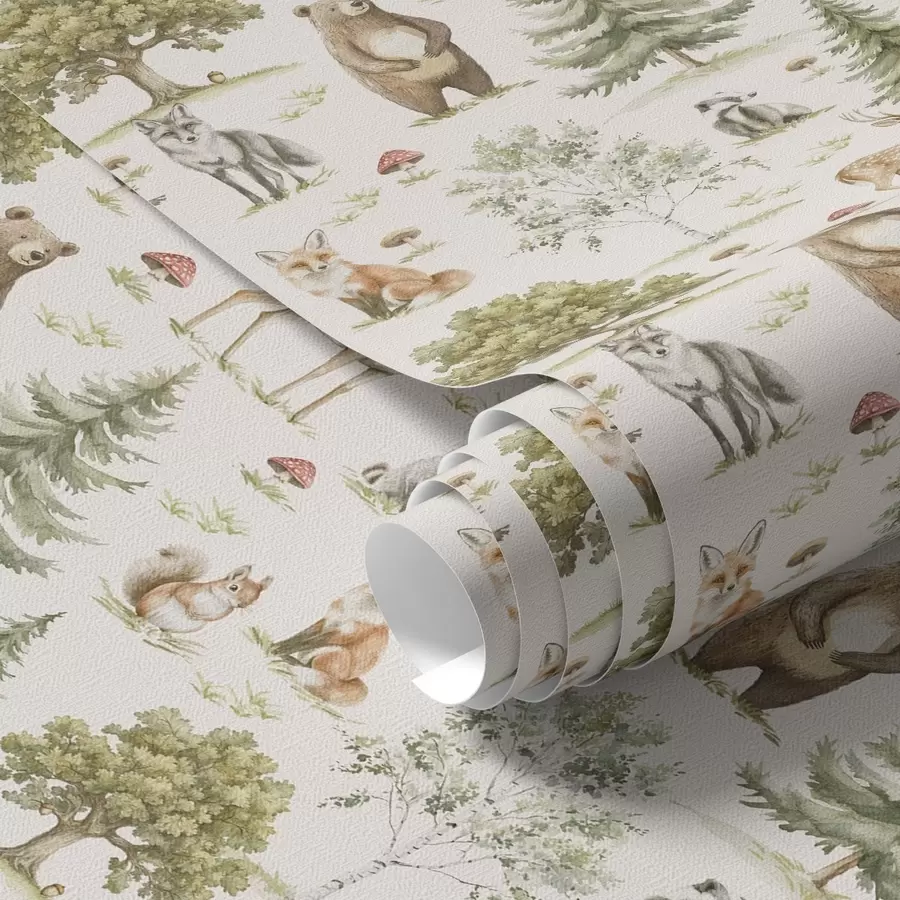 Papier peint Animaux de la forêt en style aquarelle, arbres et champignons a00212