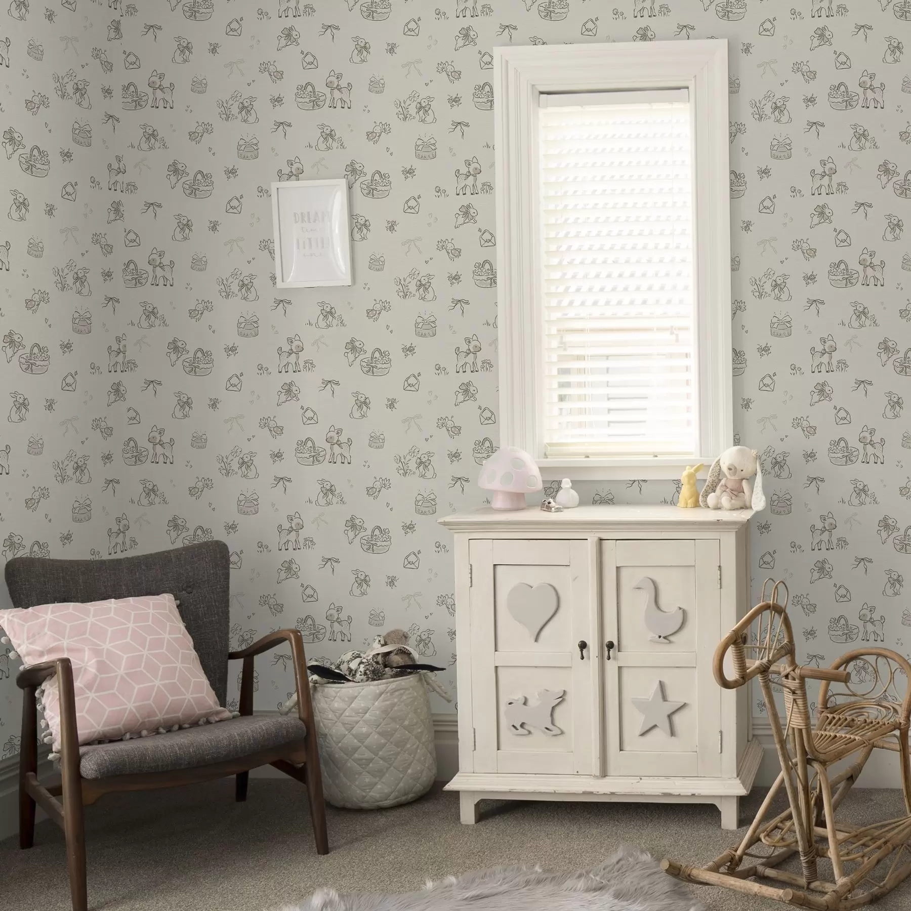 Papier peint Scène de forêt mignonne avec des cerfs, des lapins et des abeilles a00215