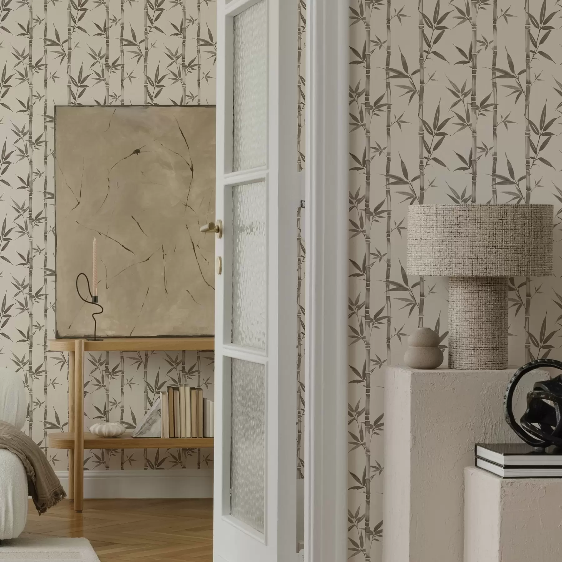 Papier peint Motif de bambou beige avec feuilles de style japonais a00236