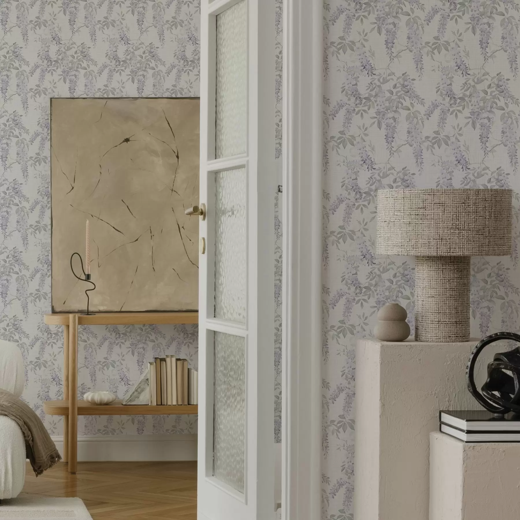 Papier peint Glycine lilas sur fond blanc, style aquarelle a00239