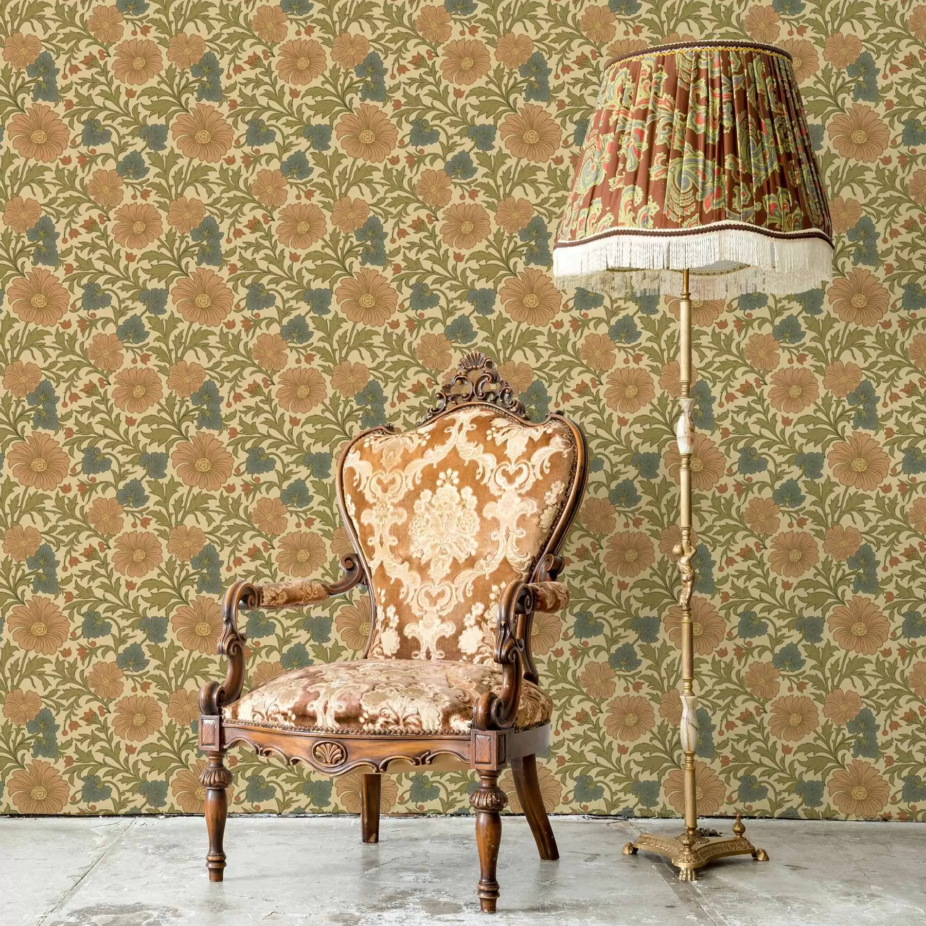 Papier peint Motif rétro avec des fleurs orange et bleues a00245