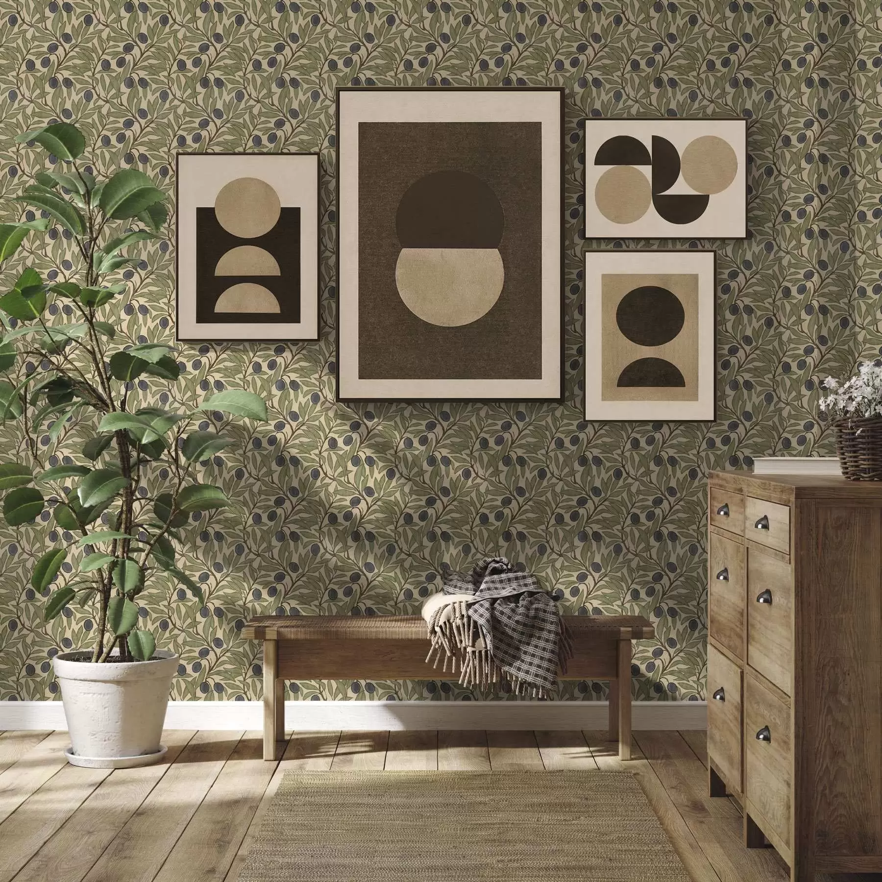 Papier peint Olives sur branches dans une palette d'olives chaudes a00246