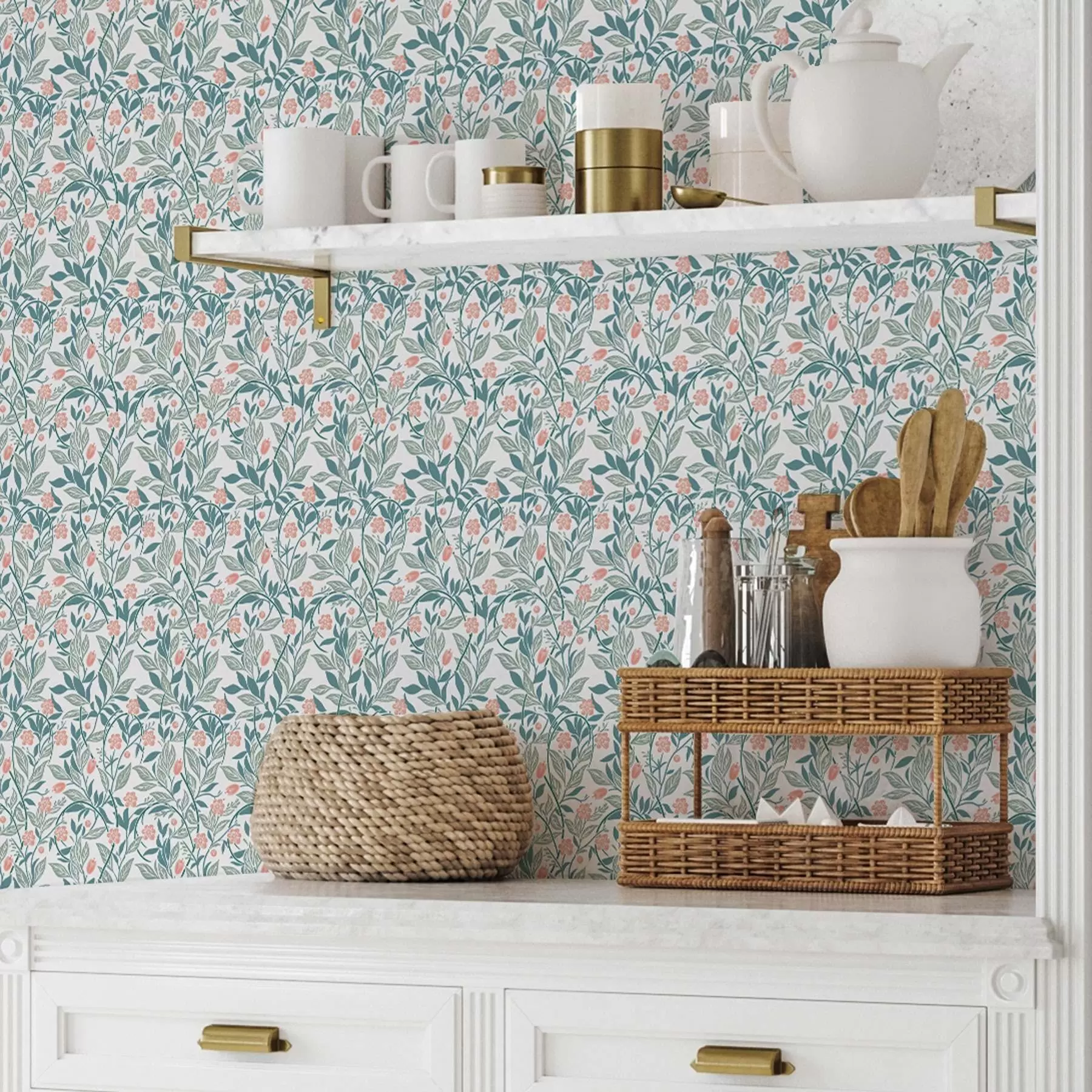 Papier peint Motif frais avec des fleurs et des feuilles corail a00247