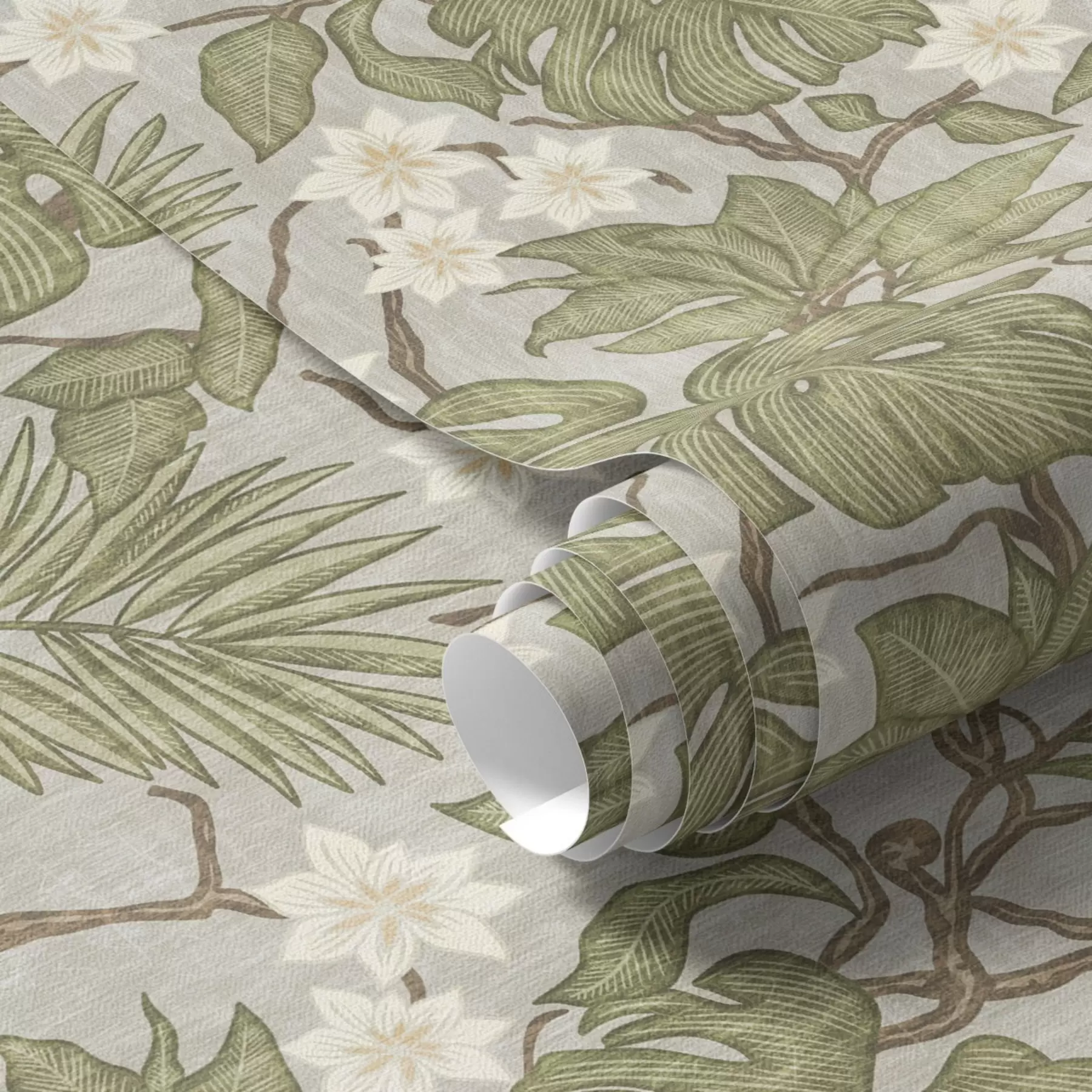 Papier peint Feuilles et fleurs de monstres tropicaux sur fond gris a00249