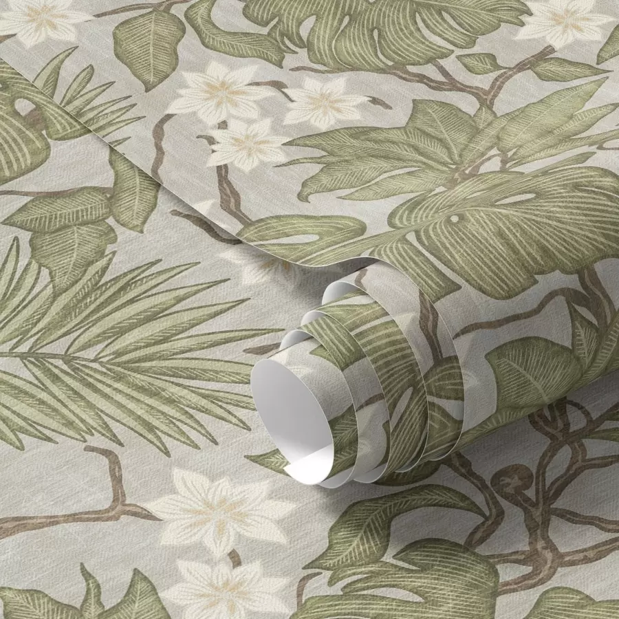 Papier peint Feuilles et fleurs de monstres tropicaux sur fond gris a00249