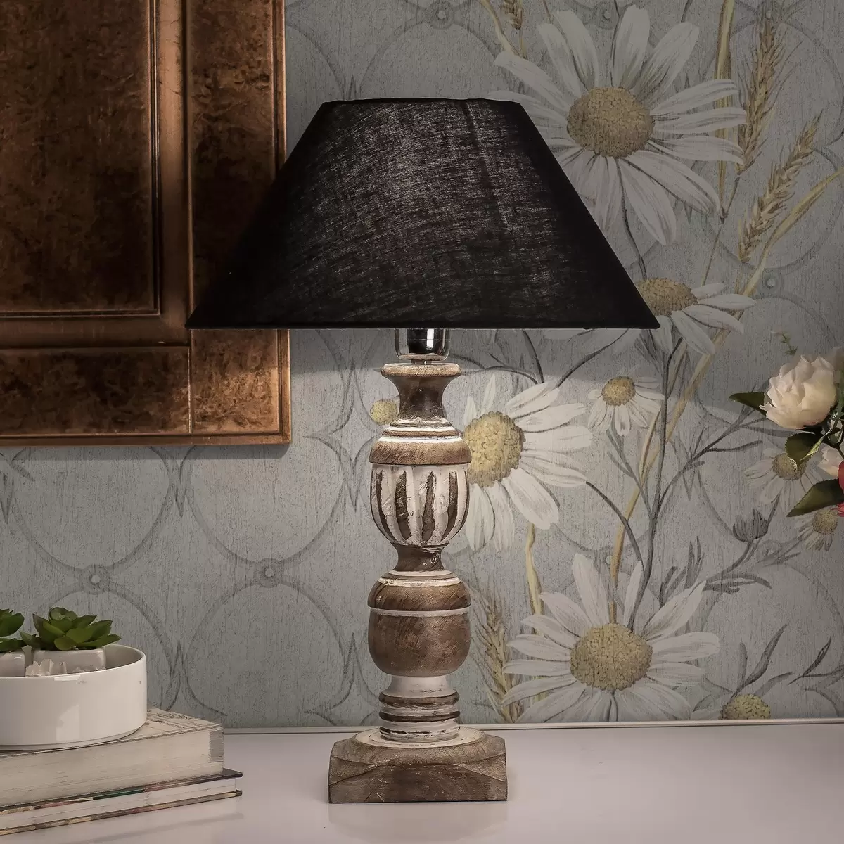 Papier peint Marguerites sur fond gris avec motif géométrique a00269