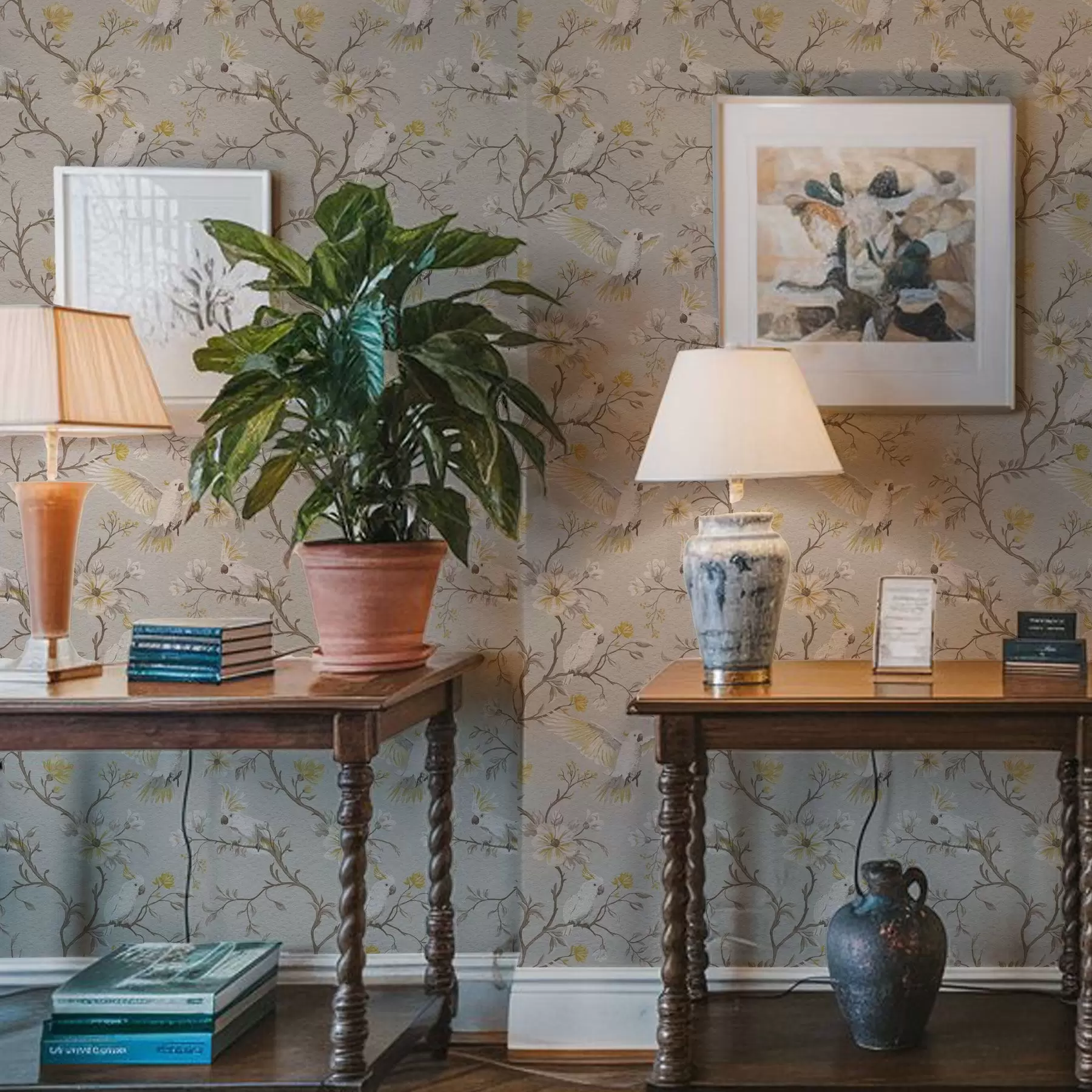 Papier peint Perroquets et fleurs jaunes sur fond clair a00270