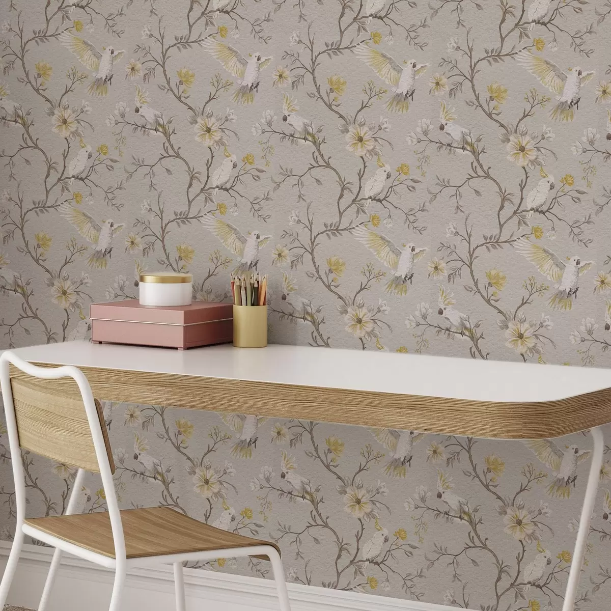 Papier peint Perroquets et fleurs jaunes sur fond clair a00270