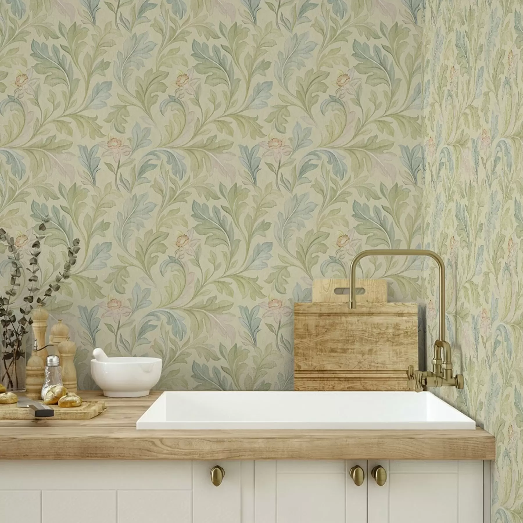 Papier peint Feuilles vintage sur fond jaunâtre, couleurs douces a00277v1