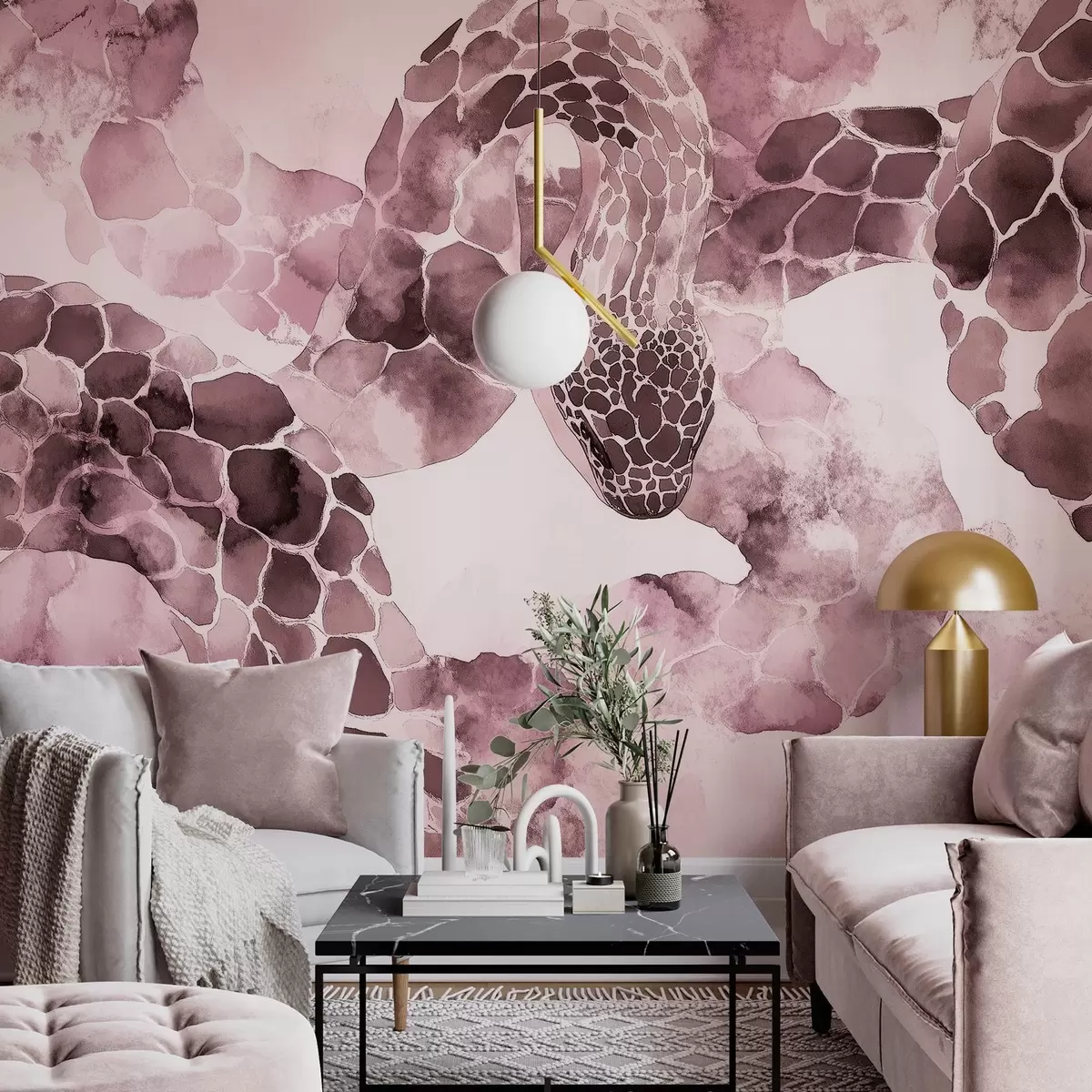 Papier peint Silhouette de serpent, style aquarelle, couleurs bordeaux w04113v1