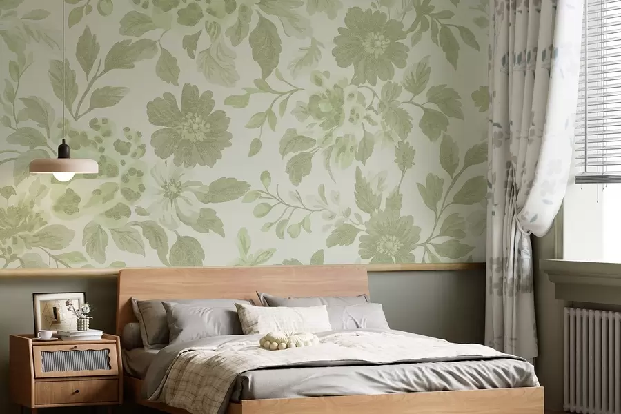 Papier peint Fleurs de style boho avec imprimé léopard, couleur verte w04114v2