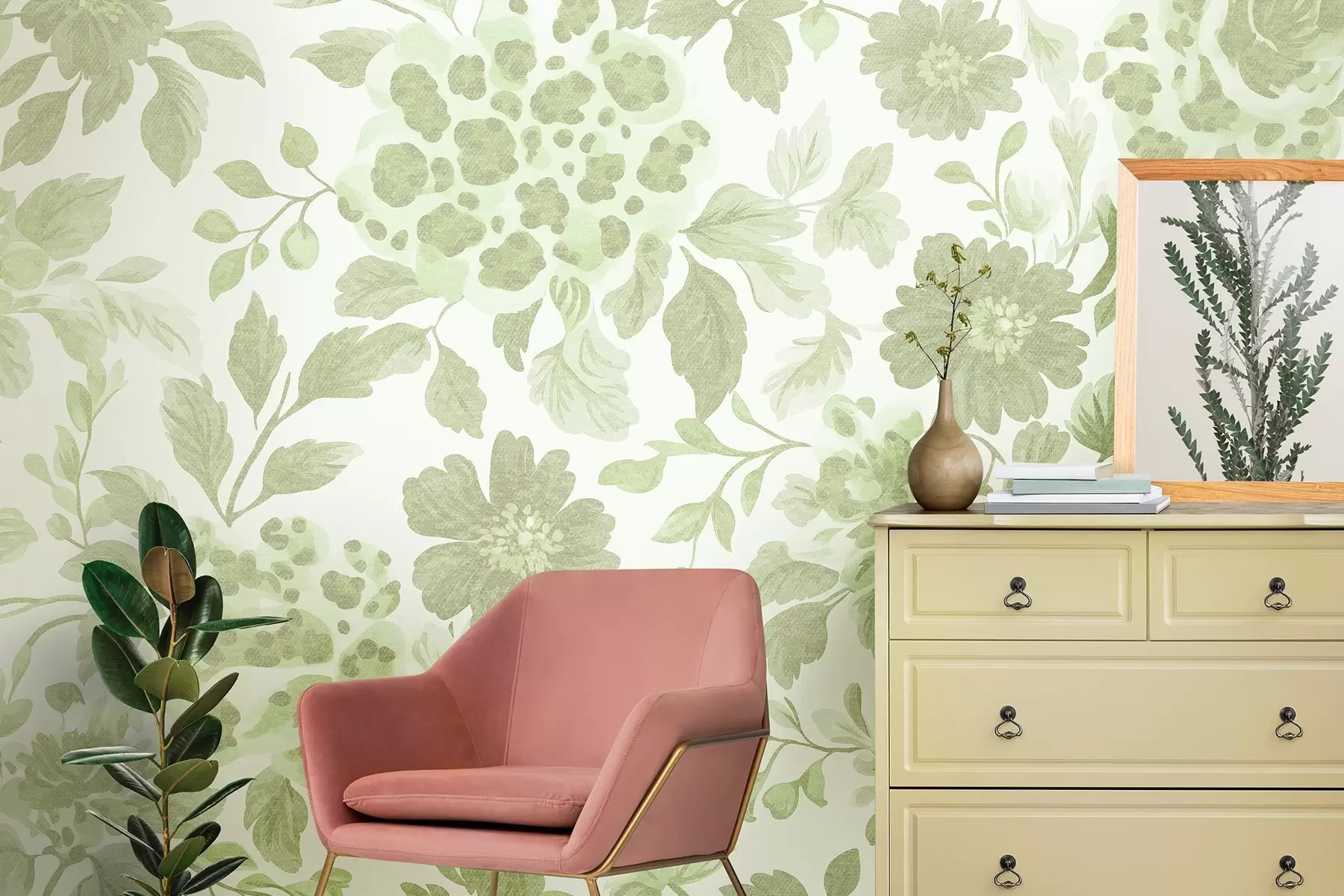 Papier peint Fleurs de style boho avec imprimé léopard, couleur verte w04114v2