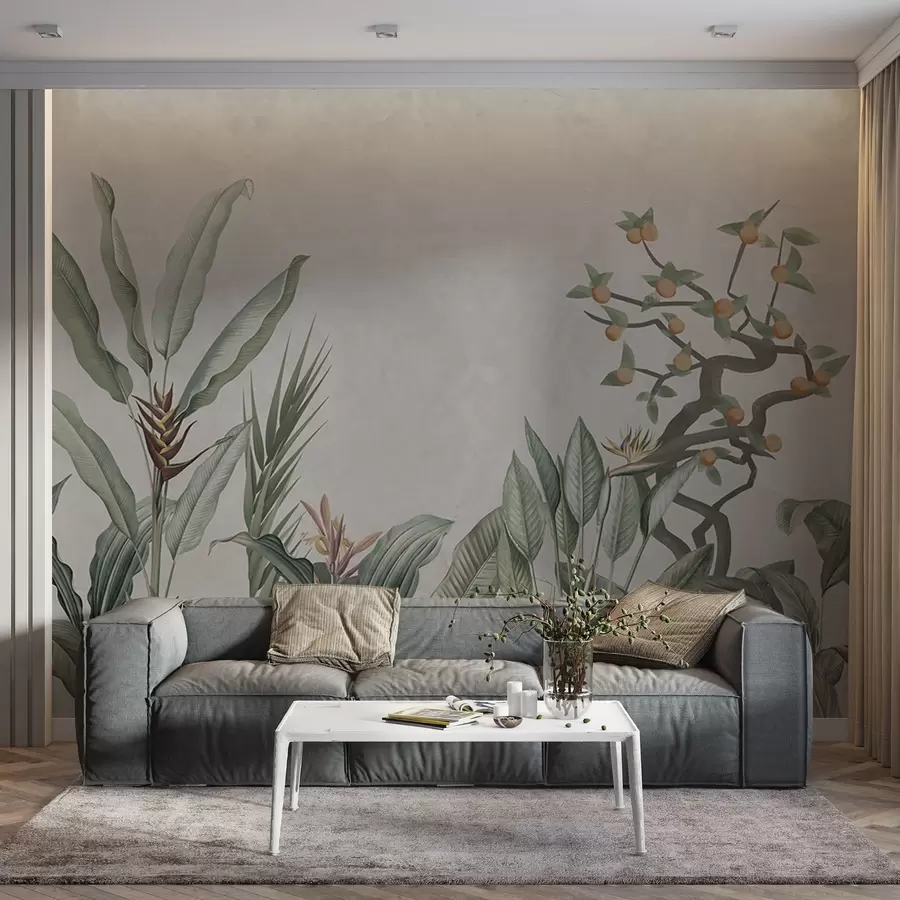 Papier peint Composition tropicale avec des plantes et un arbre sur un fond grisâtre w04201v1