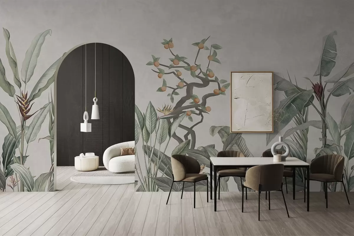 Papier peint Composition tropicale avec des plantes et un arbre sur un fond grisâtre w04201v1