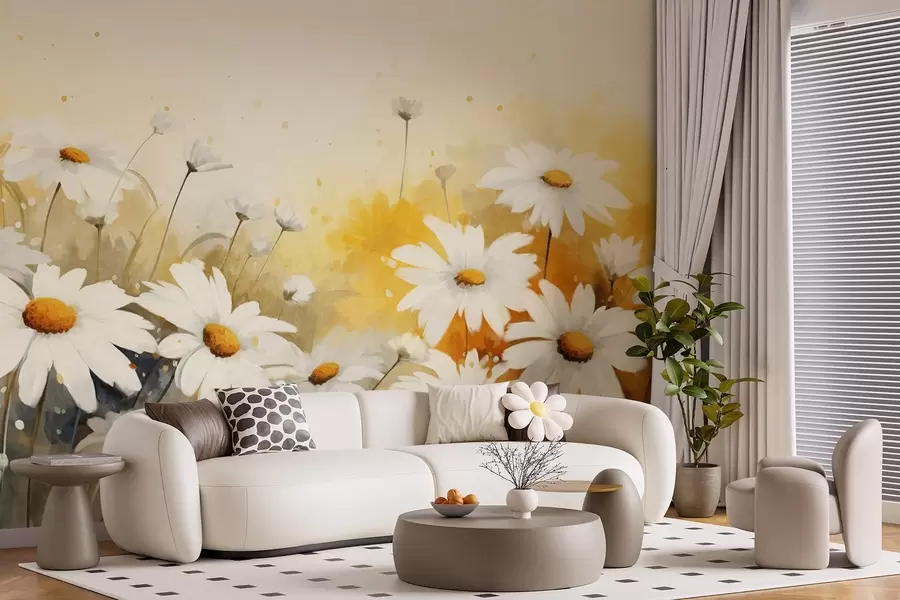 Papier peint Un champ de marguerites blanches avec des centres jaunes, sur un fond jaune et beige doux, style aquarelle  w09218