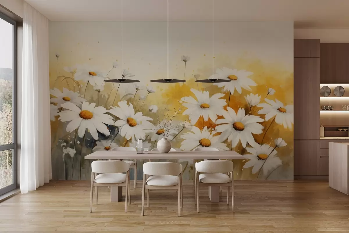 Papier peint Un champ de marguerites blanches avec des centres jaunes, sur un fond jaune et beige doux, style aquarelle  w09218
