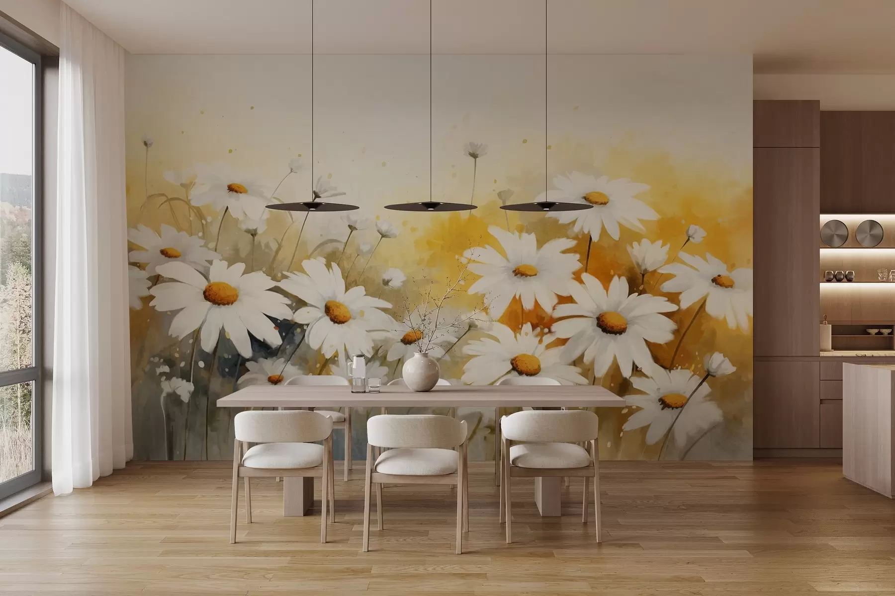 Papier peint Un champ de marguerites blanches avec des centres jaunes, sur un fond jaune et beige doux, style aquarelle  w09218