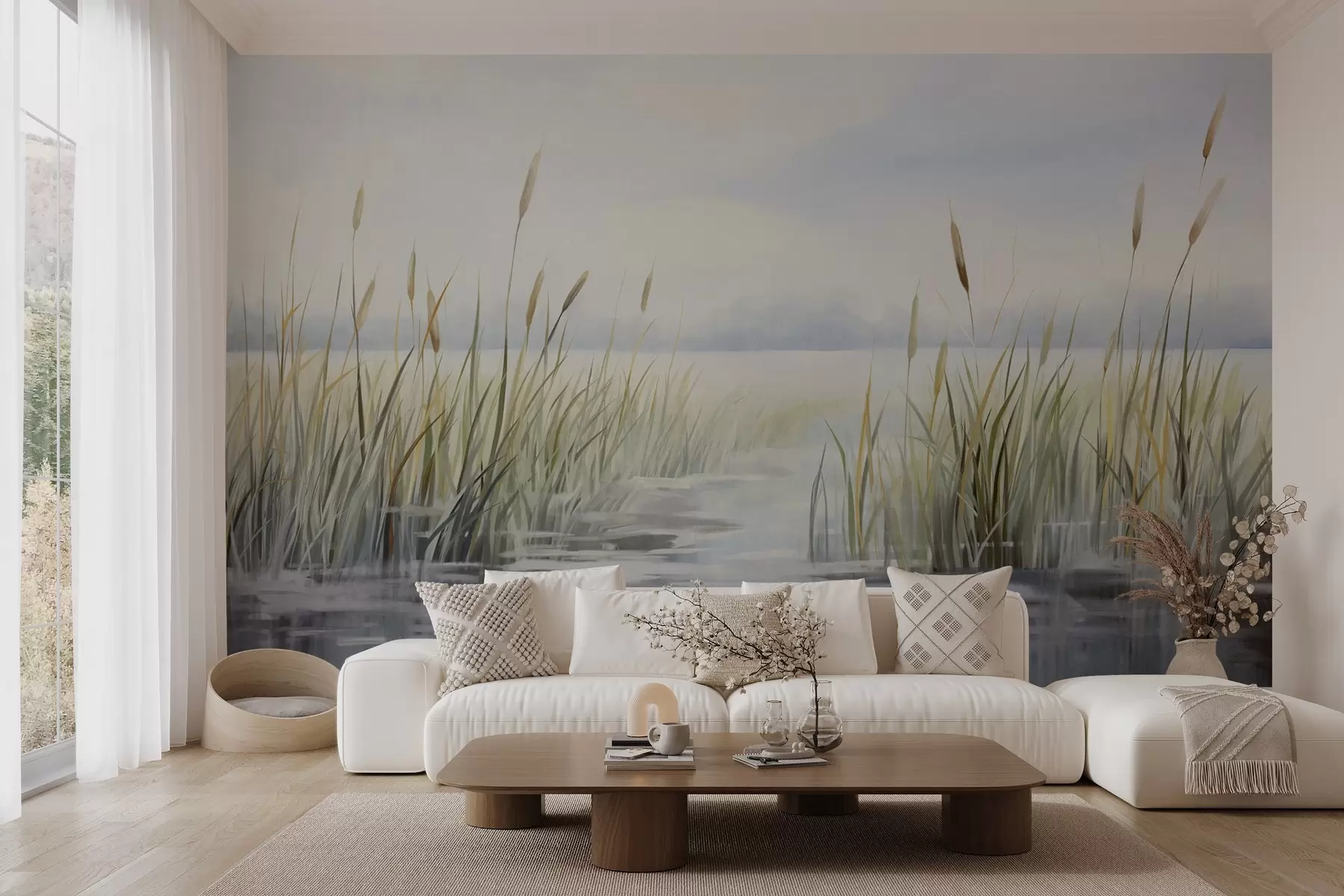 Papier peint Une peinture aquarelle texturée imitant un paysage avec un lac, de l'herbe, un ciel couvert et un arrière-plan flou w09219