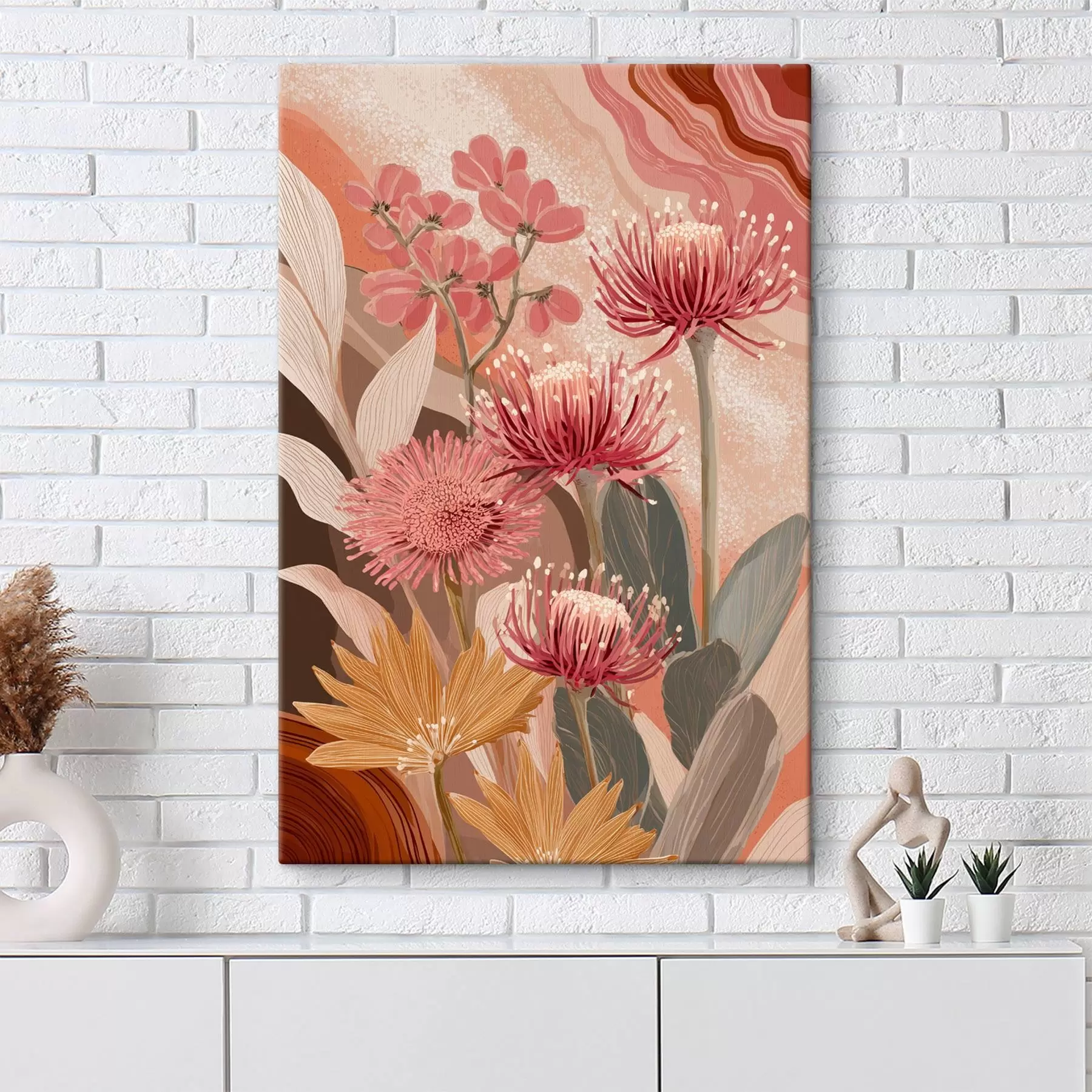 Tableau Belles fleurs, dessin à l'huile, couleurs rouge et rose s44975