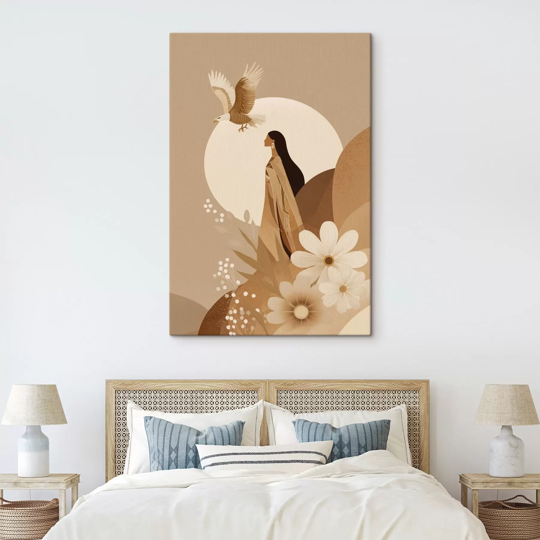 Tableau Abstraction avec femme et aigle dans le ciel, couleurs beiges s44978