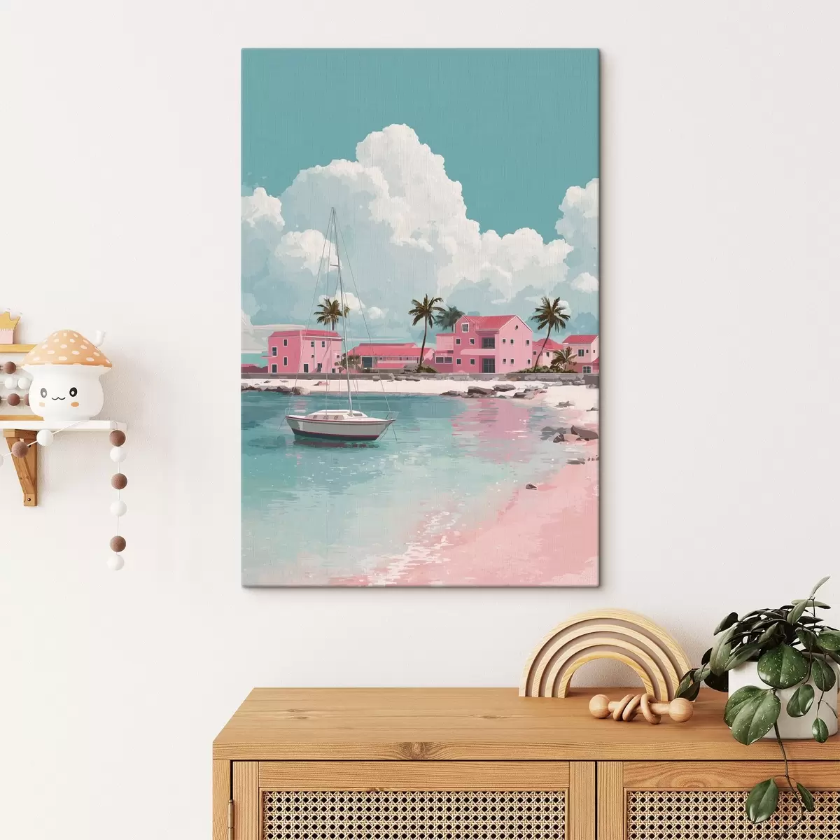 Tableau Plage rose avec soleil éclatant, voilier et maisons s44986