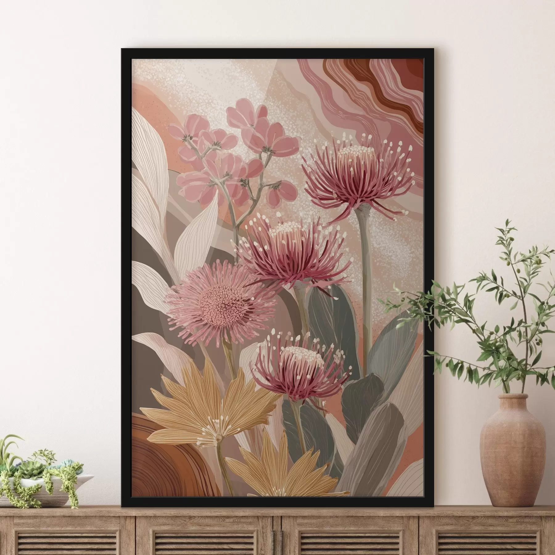 Papier peint Belles fleurs, dessin à l'huile, couleurs rouge et rose f44975