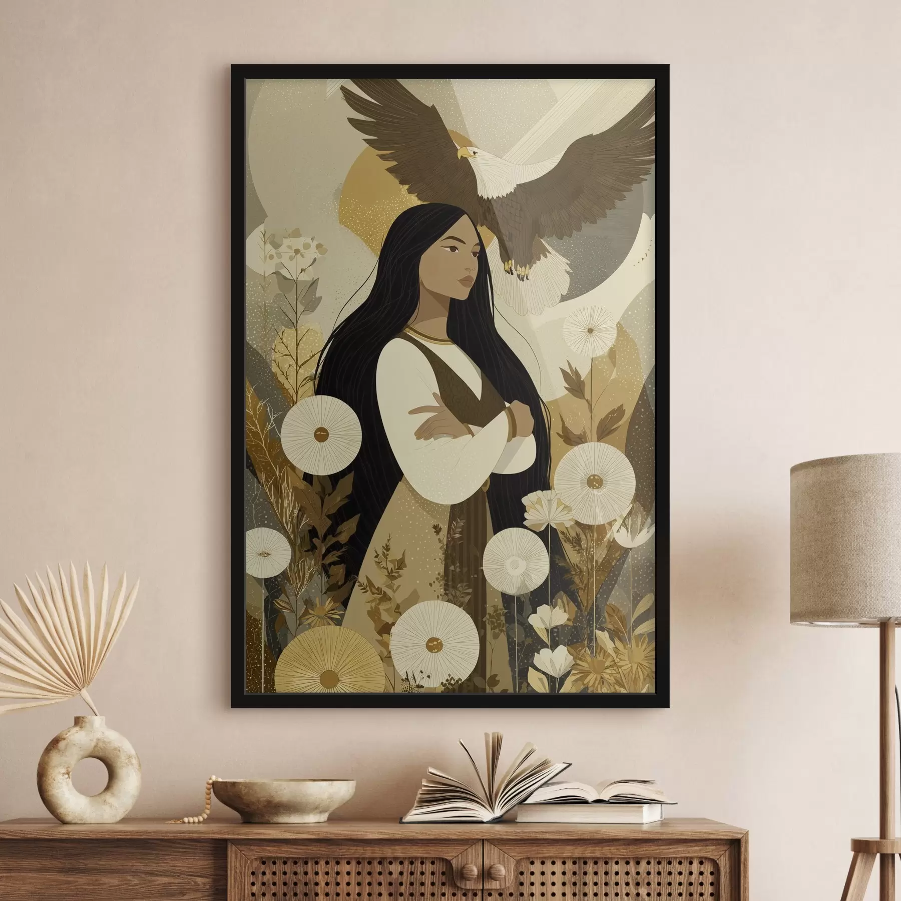 Papier peint Femme avec aigle volant, style tribal, couleurs beiges f44977