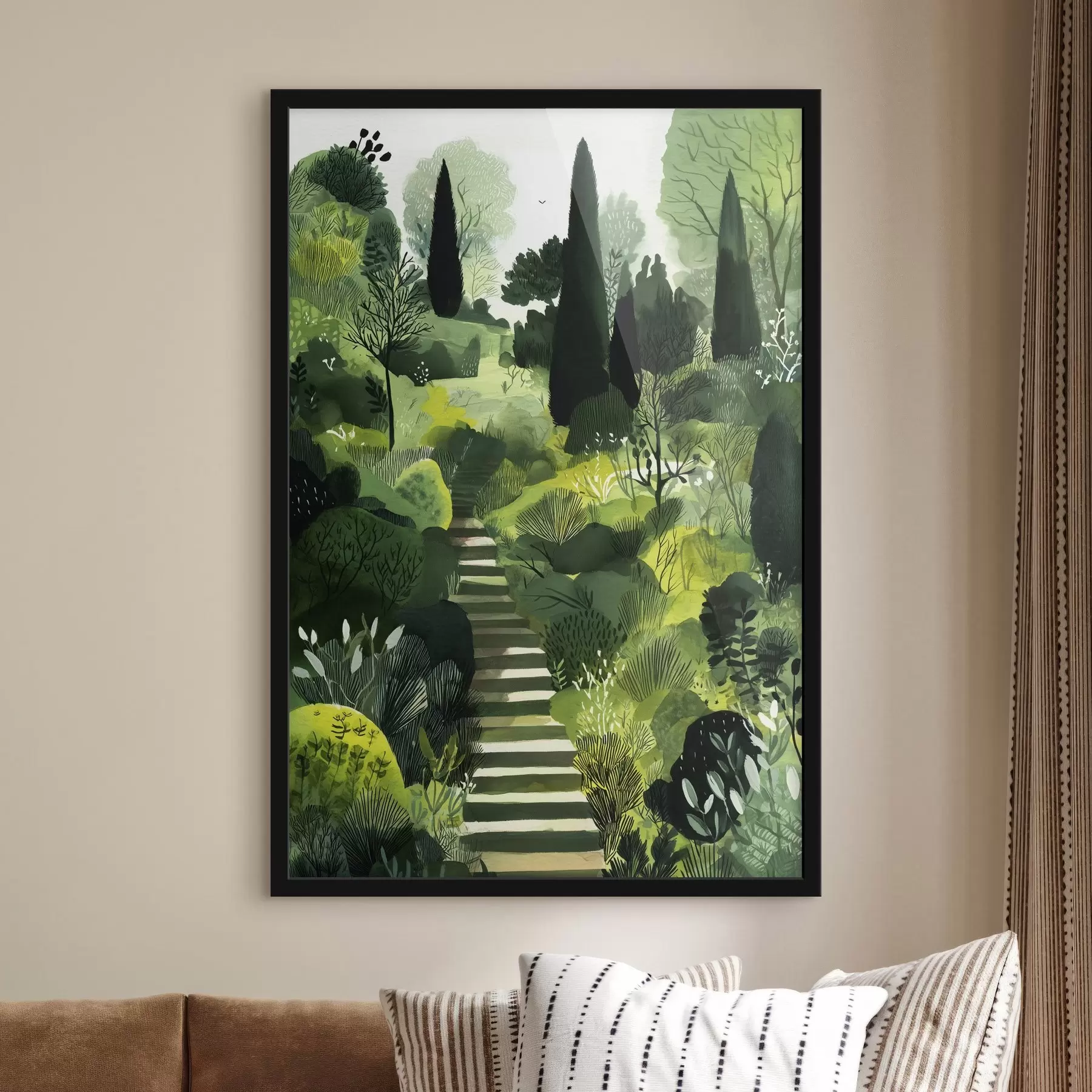 Tableau Collines vertes avec arbres et buissons, escaliers en béton, couleurs luxuriantes f44980