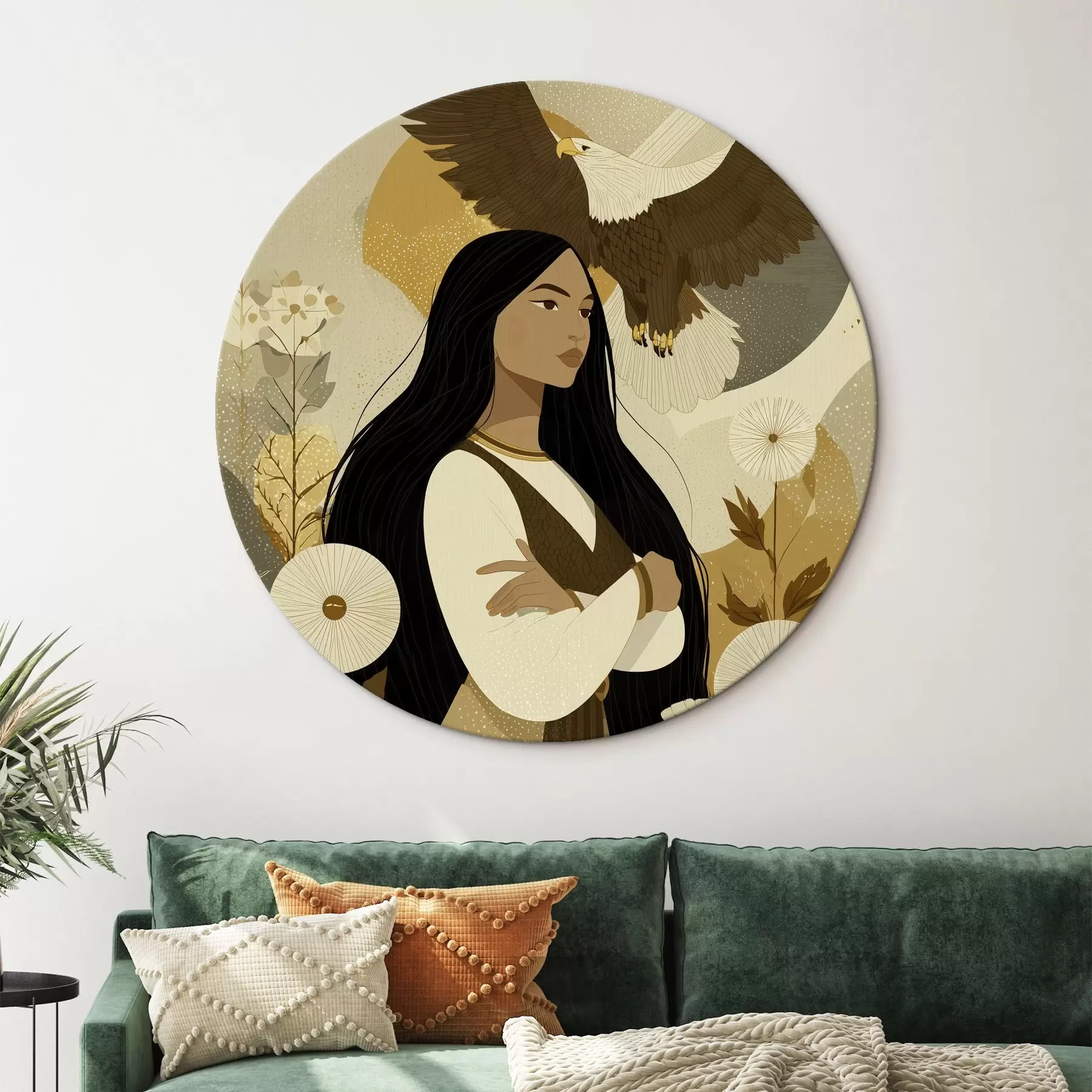 Tableau Femme avec aigle volant, style tribal, couleurs beiges r44977