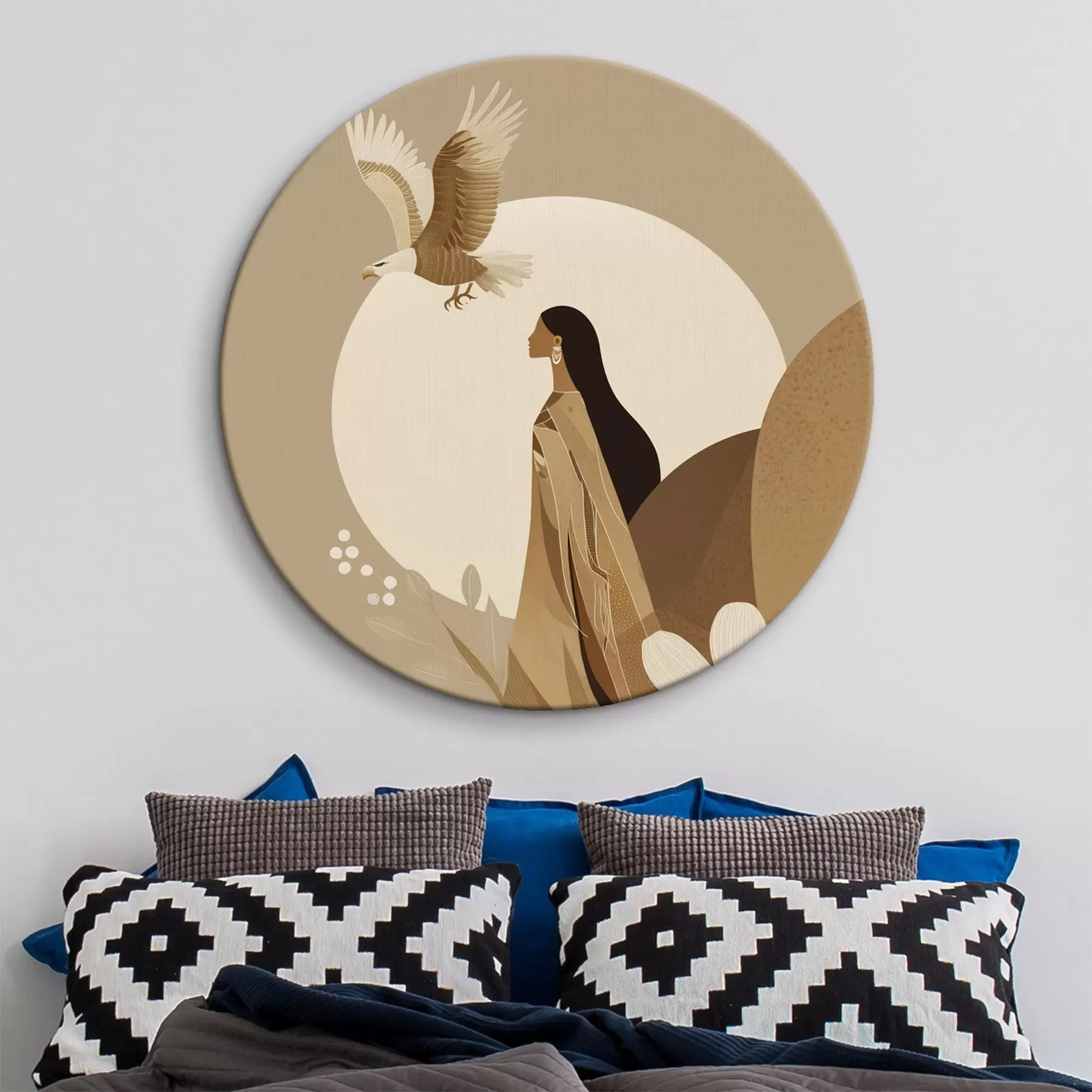 Tableau Abstraction avec femme et aigle dans le ciel, couleurs beiges r44978