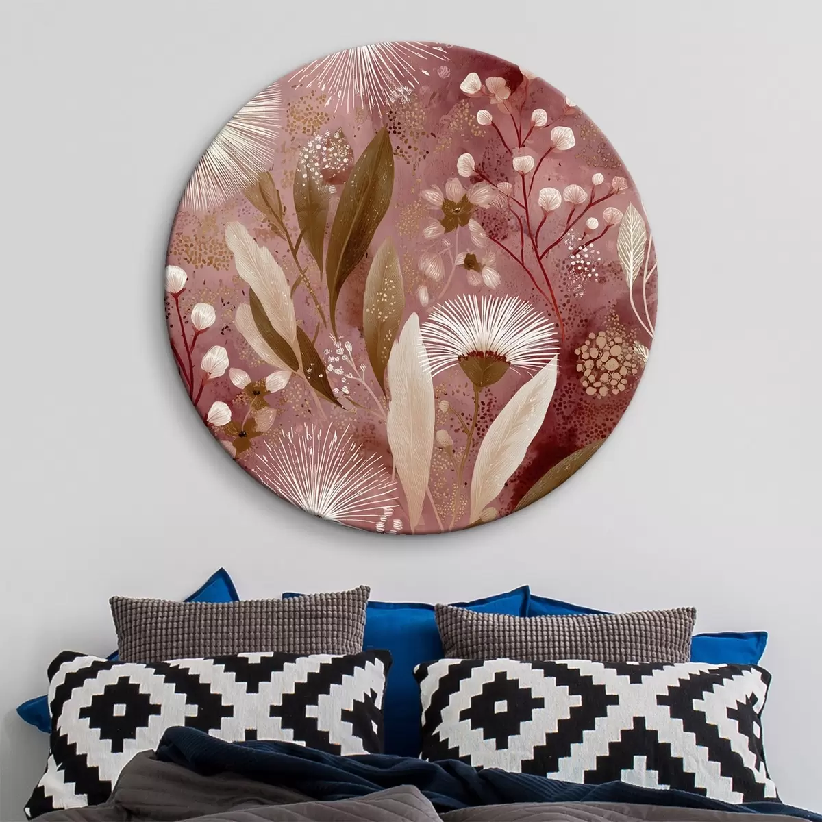 Tableaux rondes Fleurs blanches de style boho sur fond rouge, dessin détaillé r44979