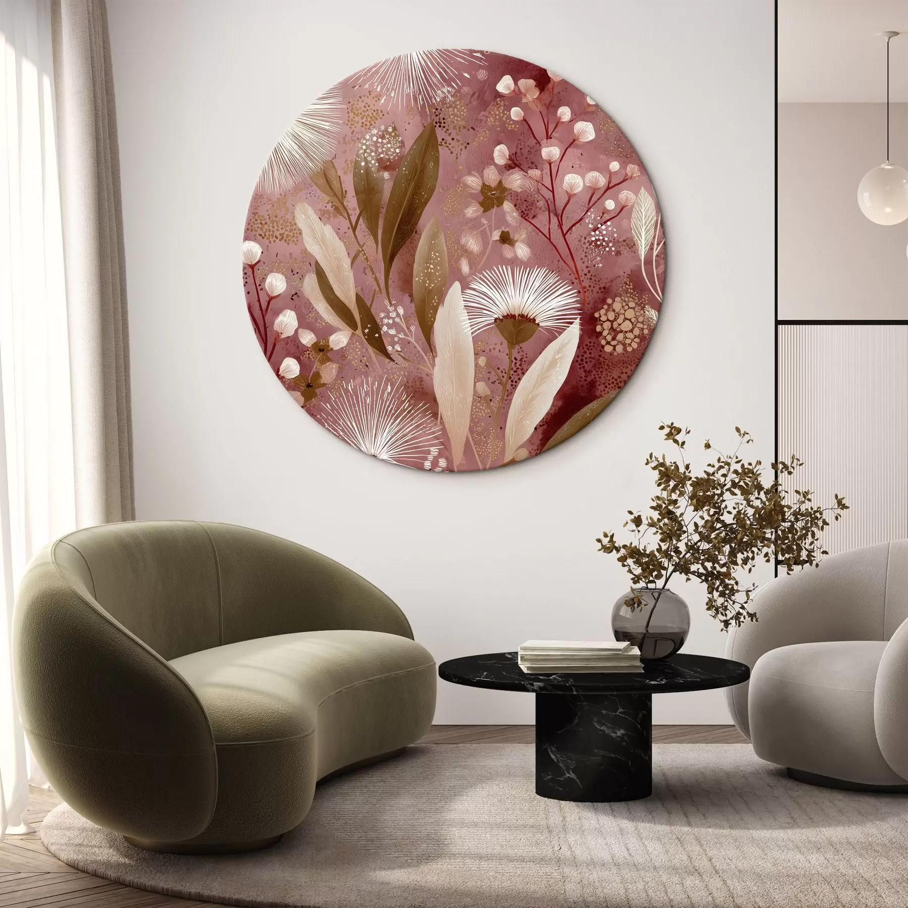 Tableau Fleurs blanches de style boho sur fond rouge, dessin détaillé r44979