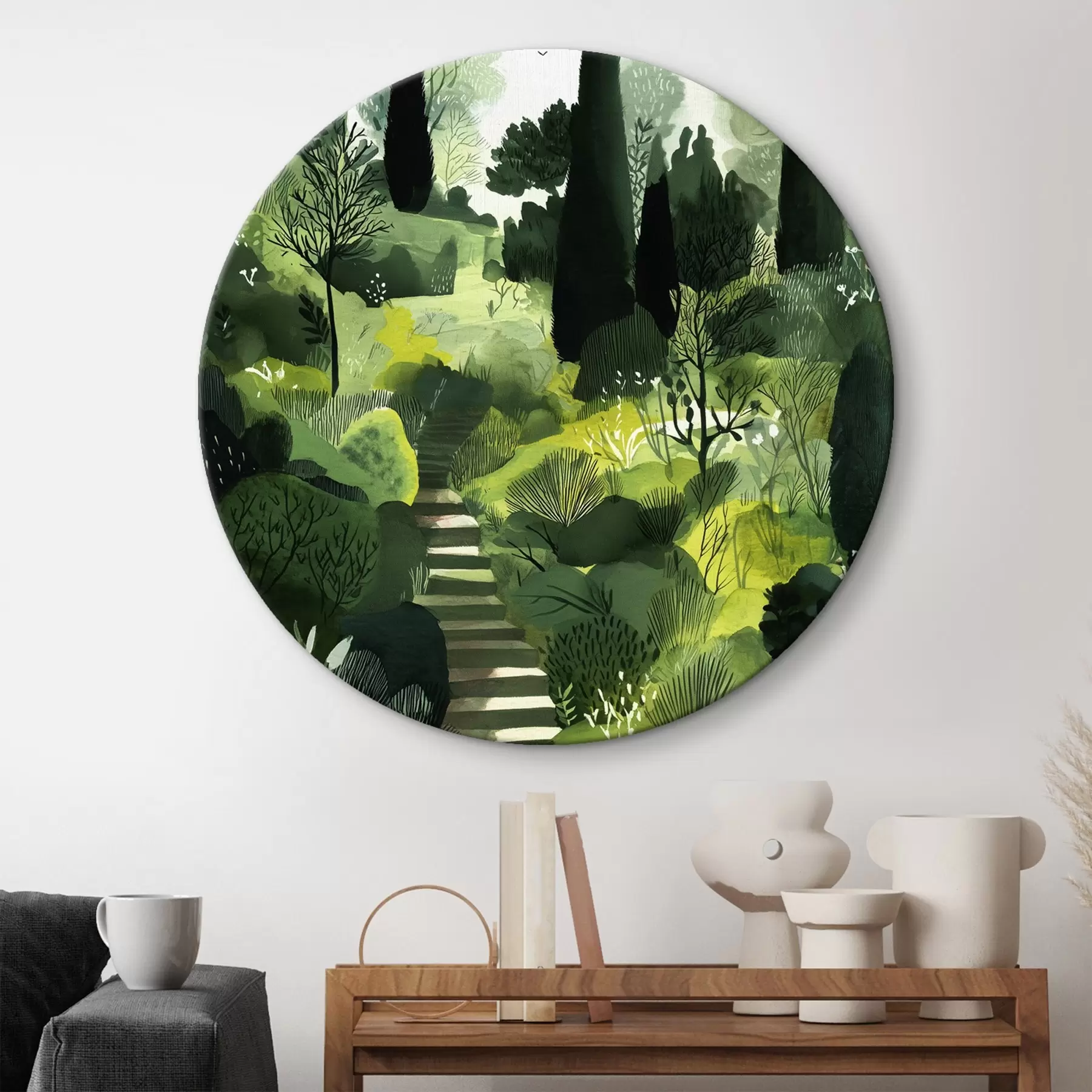 Tableau Collines vertes avec arbres et buissons, escaliers en béton, couleurs luxuriantes r44980