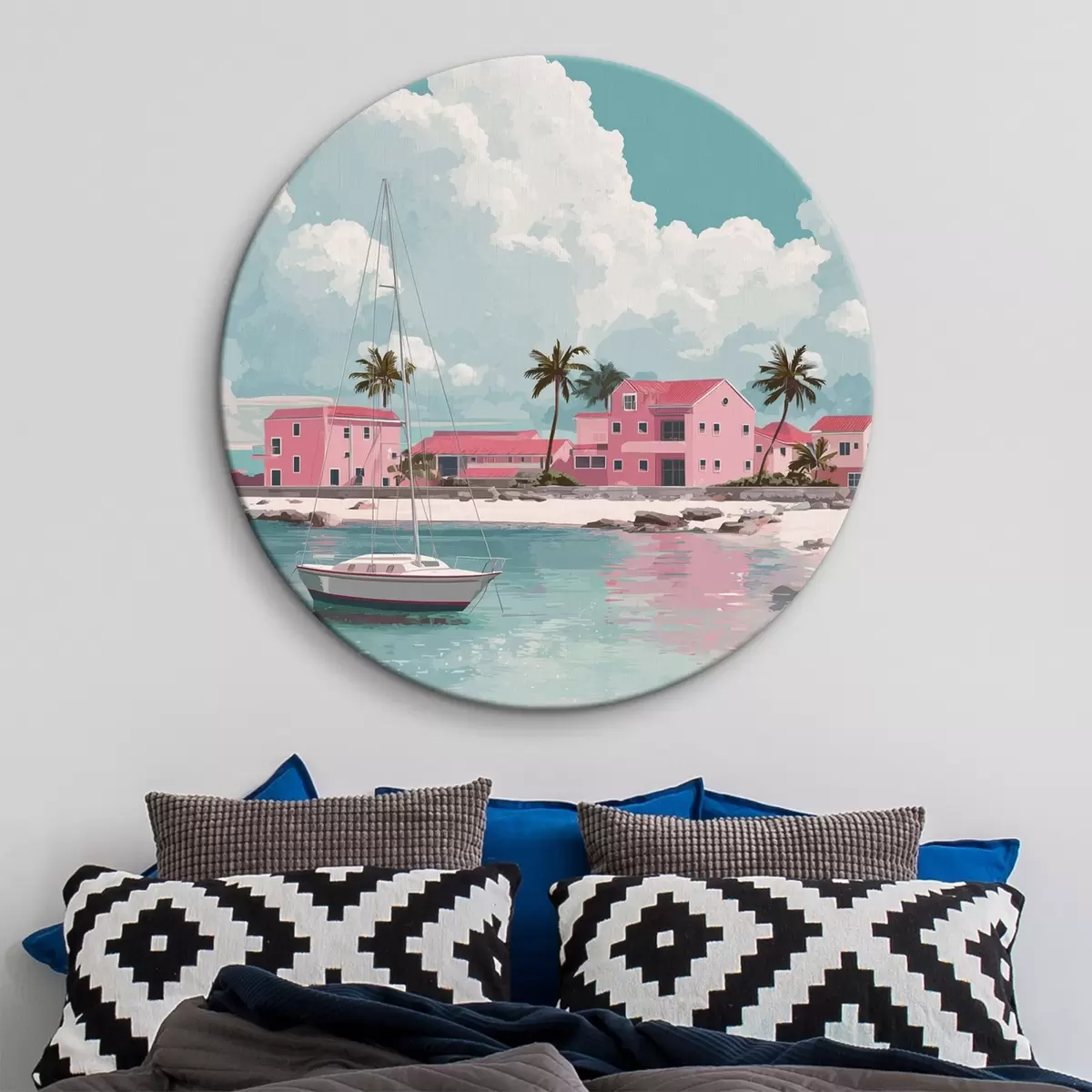 Tableaux rondes Plage rose avec soleil éclatant, voilier et maisons r44986