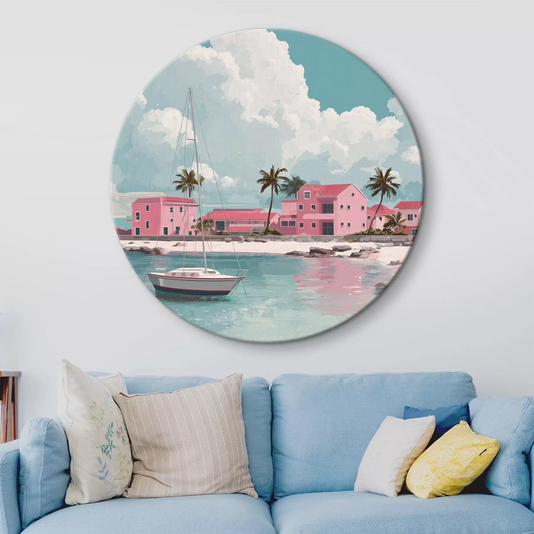 Tableau Plage rose avec soleil éclatant, voilier et maisons r44986