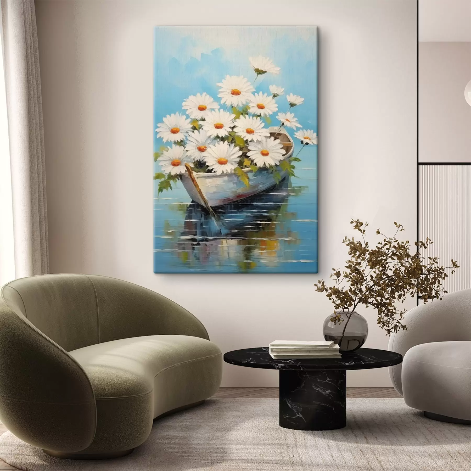 Tableau Marguerites dans un bateau sur l'eau s44987