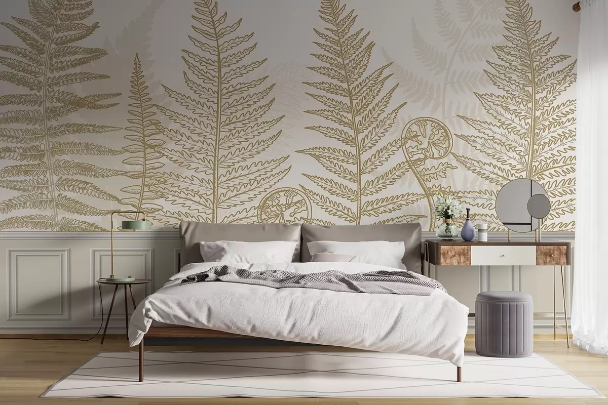 Papier peint feuilles, plantes, fougère, lumière, botanique, graphique w04239