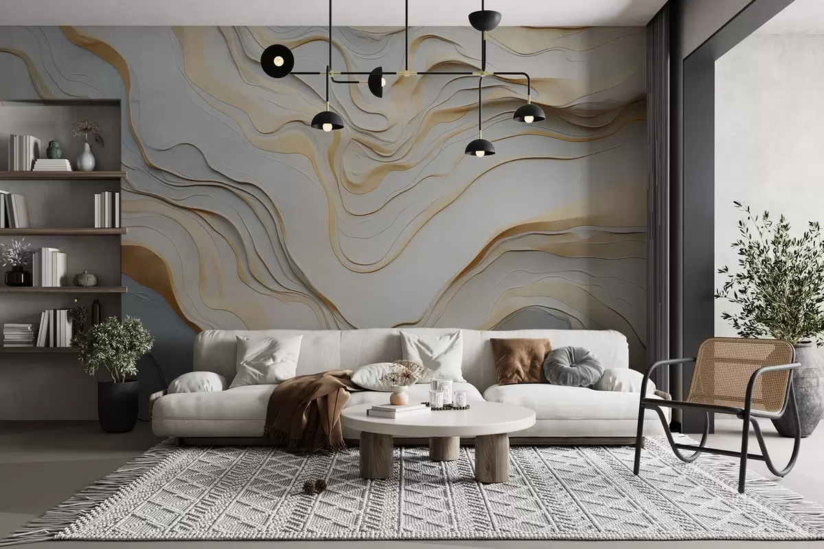 Papier peint couches, vagues, abstraction, beige, gris, douceur, moderne w04255