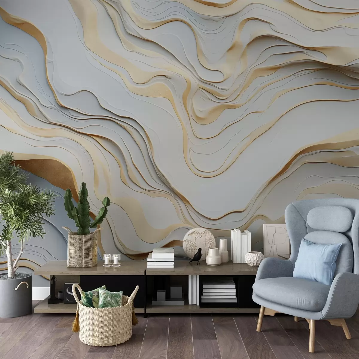 Papier peint couches, vagues, abstraction, beige, gris, douceur, moderne w04255