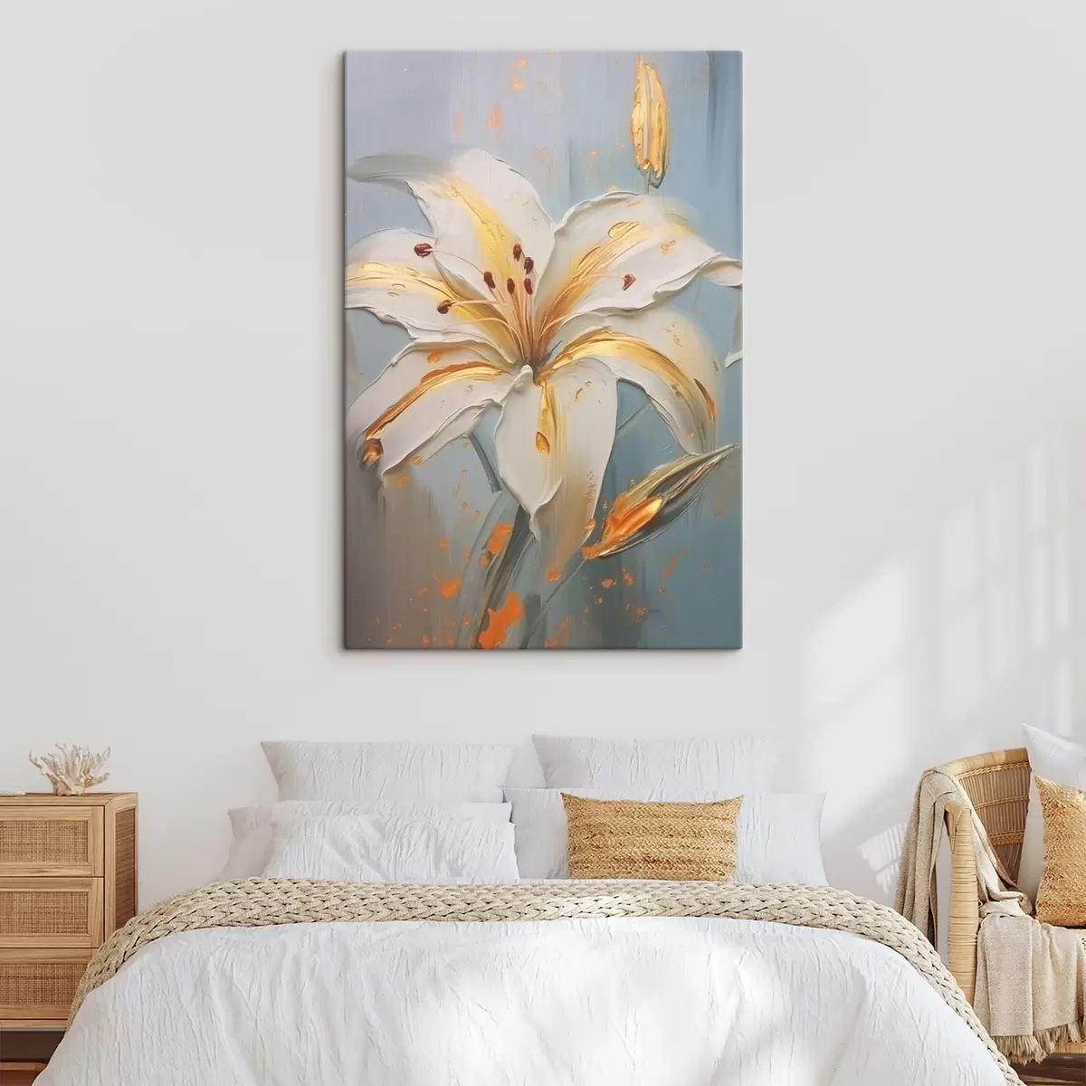 Tableau Lys blanc avec des traits jaunes sur fond bleu s45077