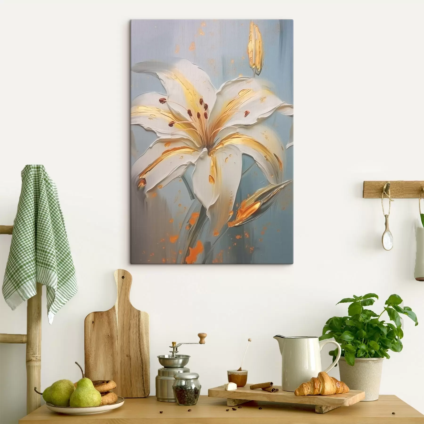 Tableau Lys blanc avec des traits jaunes sur fond bleu s45077