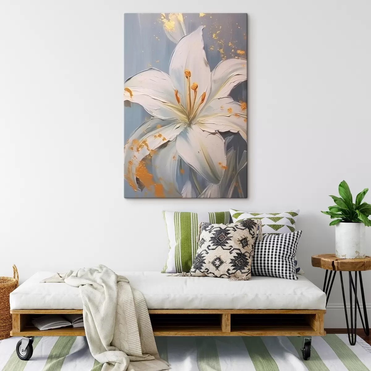 Tableau Lys blanc avec accents jaunes sur fond bleu s45078