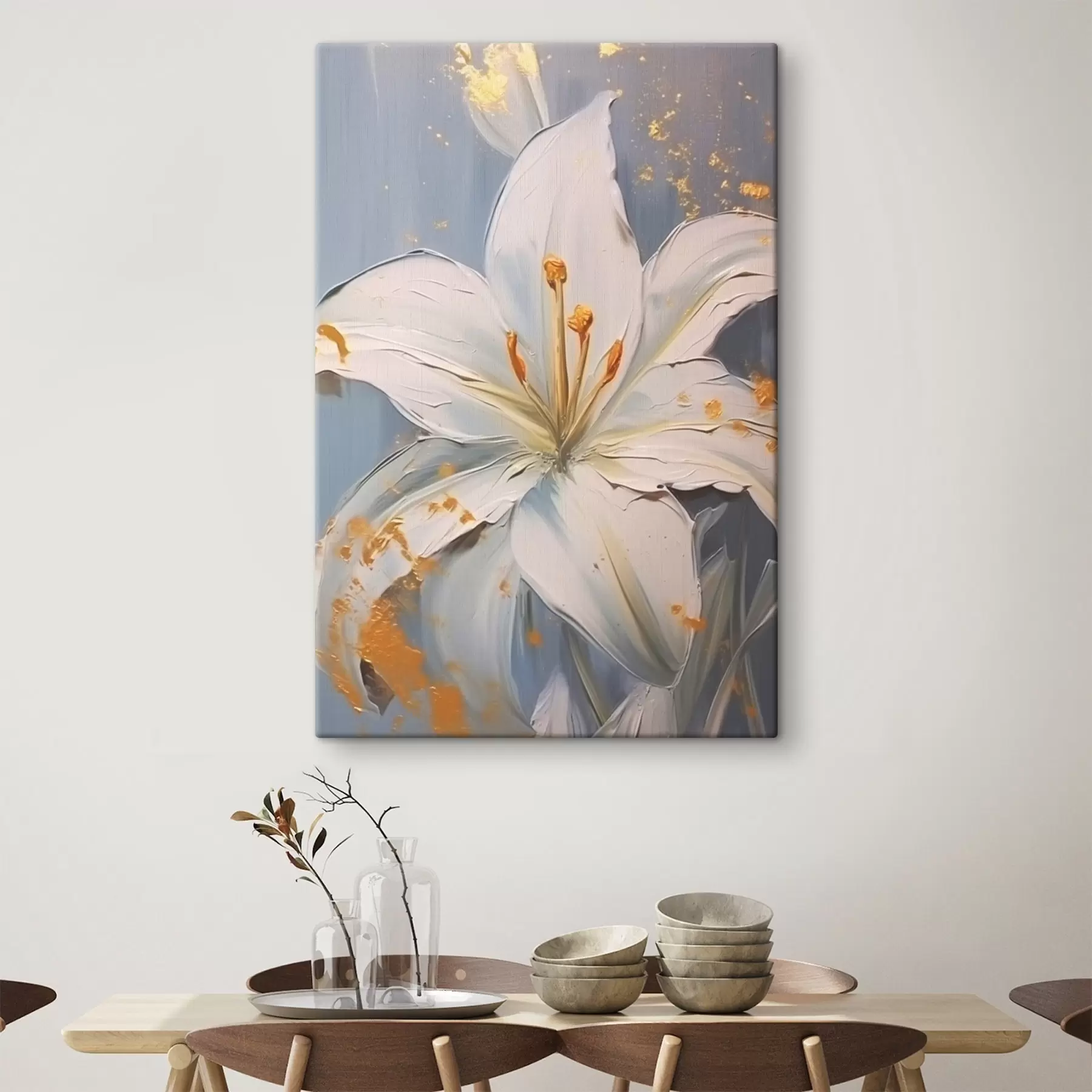 Tableau Lys blanc avec accents jaunes sur fond bleu s45078