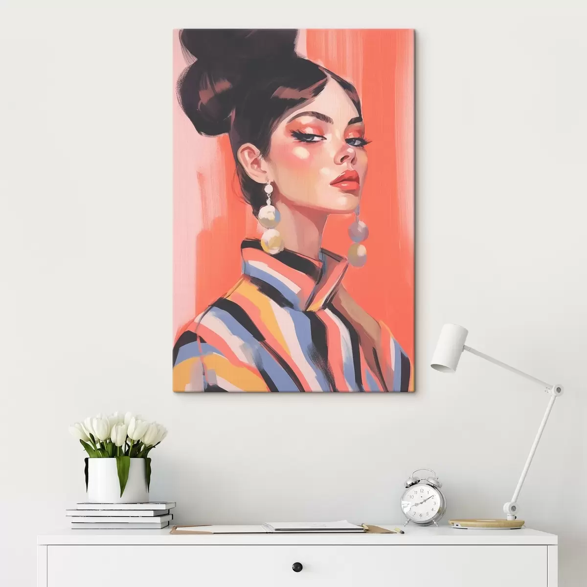 Tableau Portrait d'une femme en chemise rayée s45079