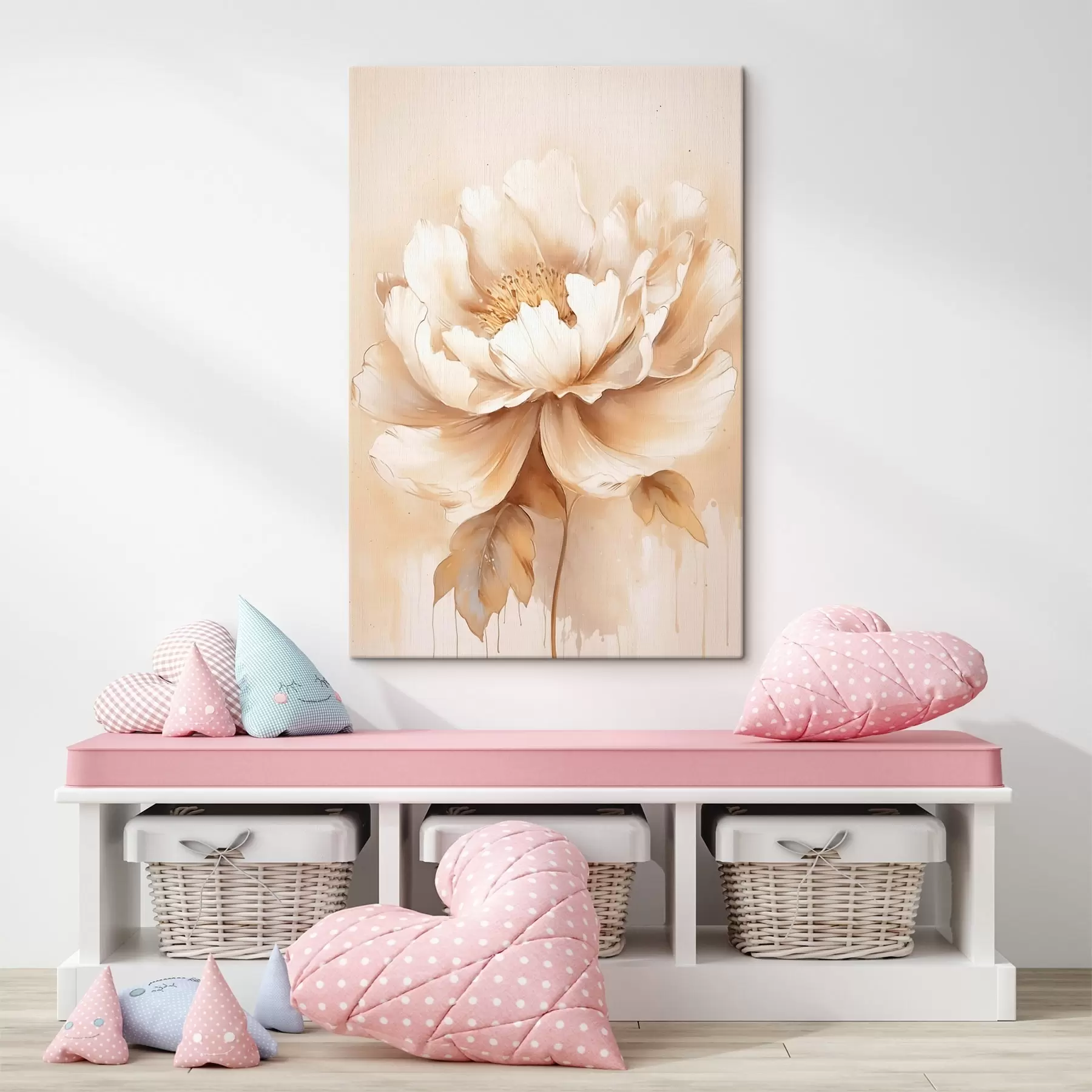 Tableau Fleur beige avec feuilles s45082