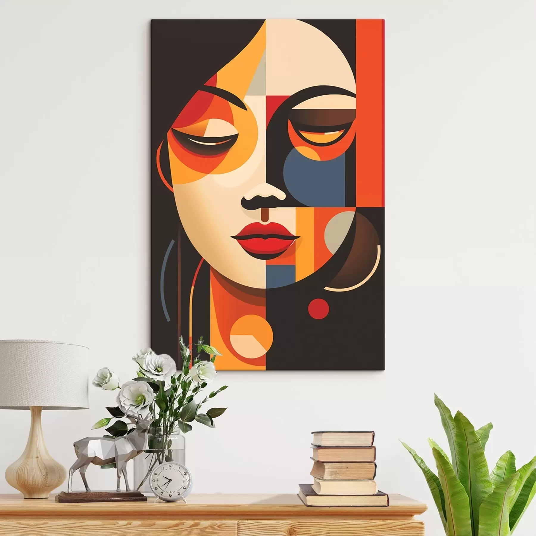 Tableau Visage féminin géométrique dans des couleurs chaudes s45087