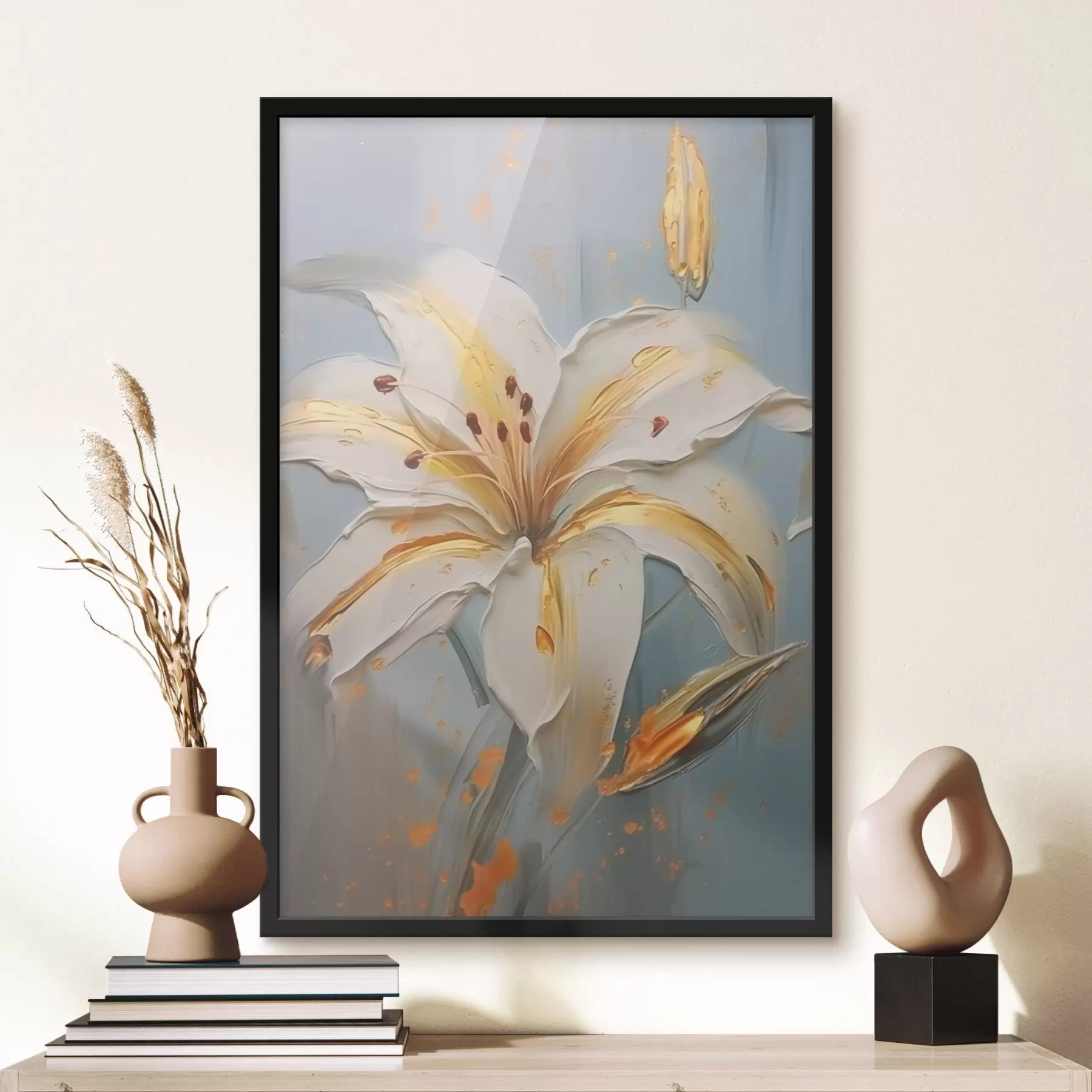 Papier peint Lys blanc avec des traits jaunes sur fond bleu f45077