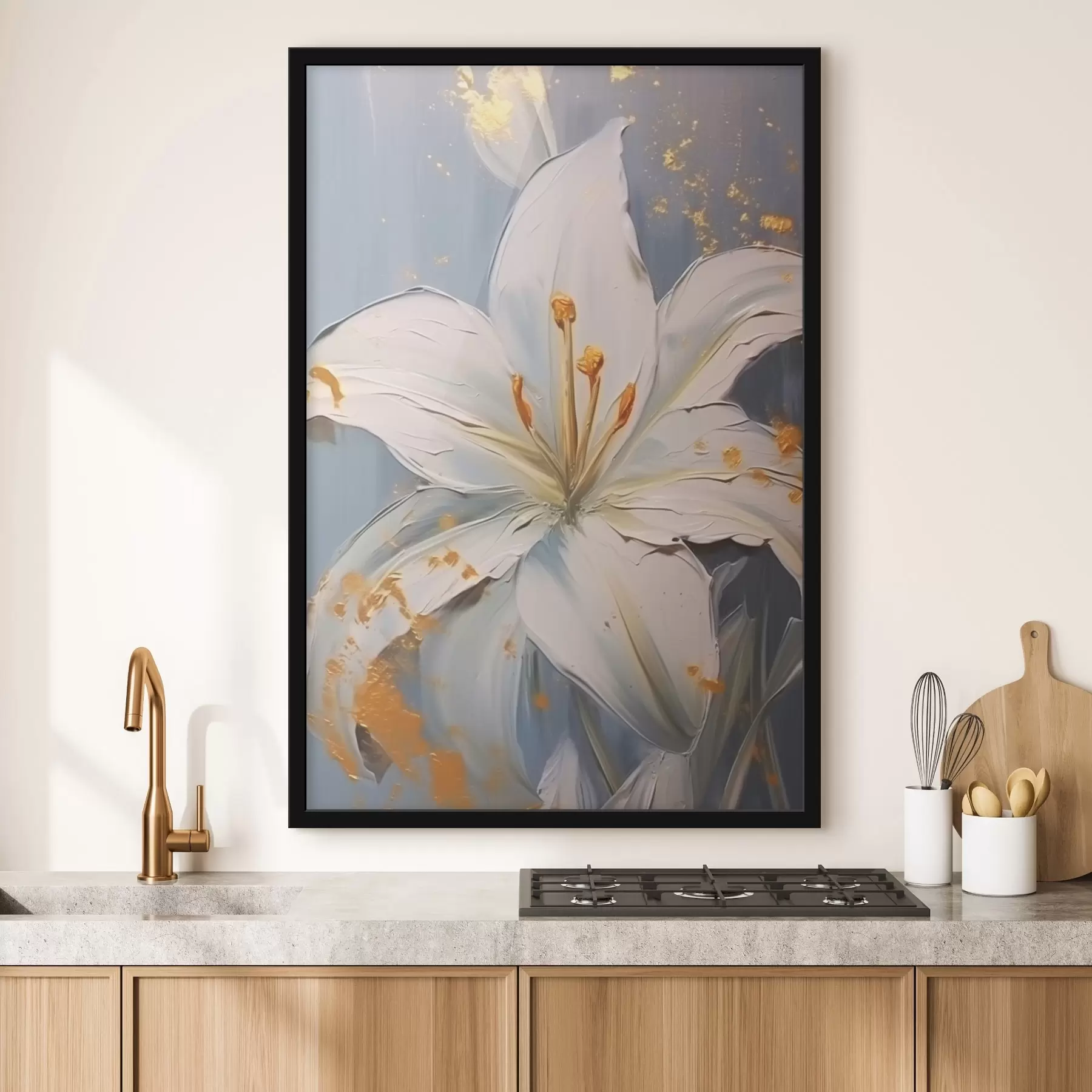 Papier peint Lys blanc avec accents jaunes sur fond bleu f45078
