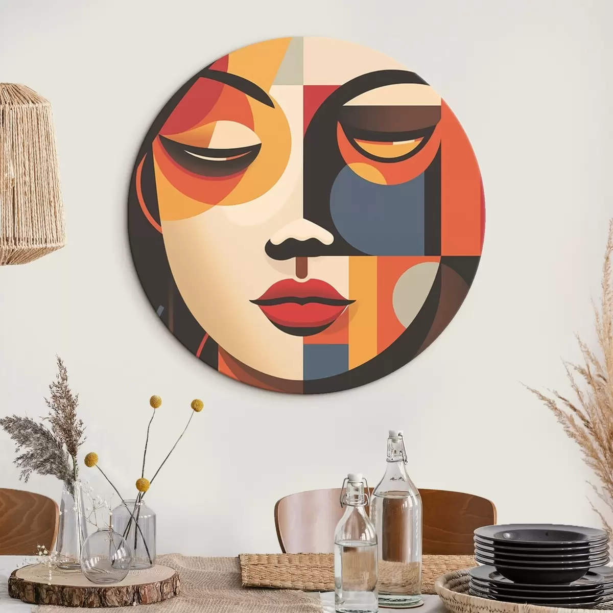 Tableaux rondes Visage féminin géométrique dans des couleurs chaudes r45087