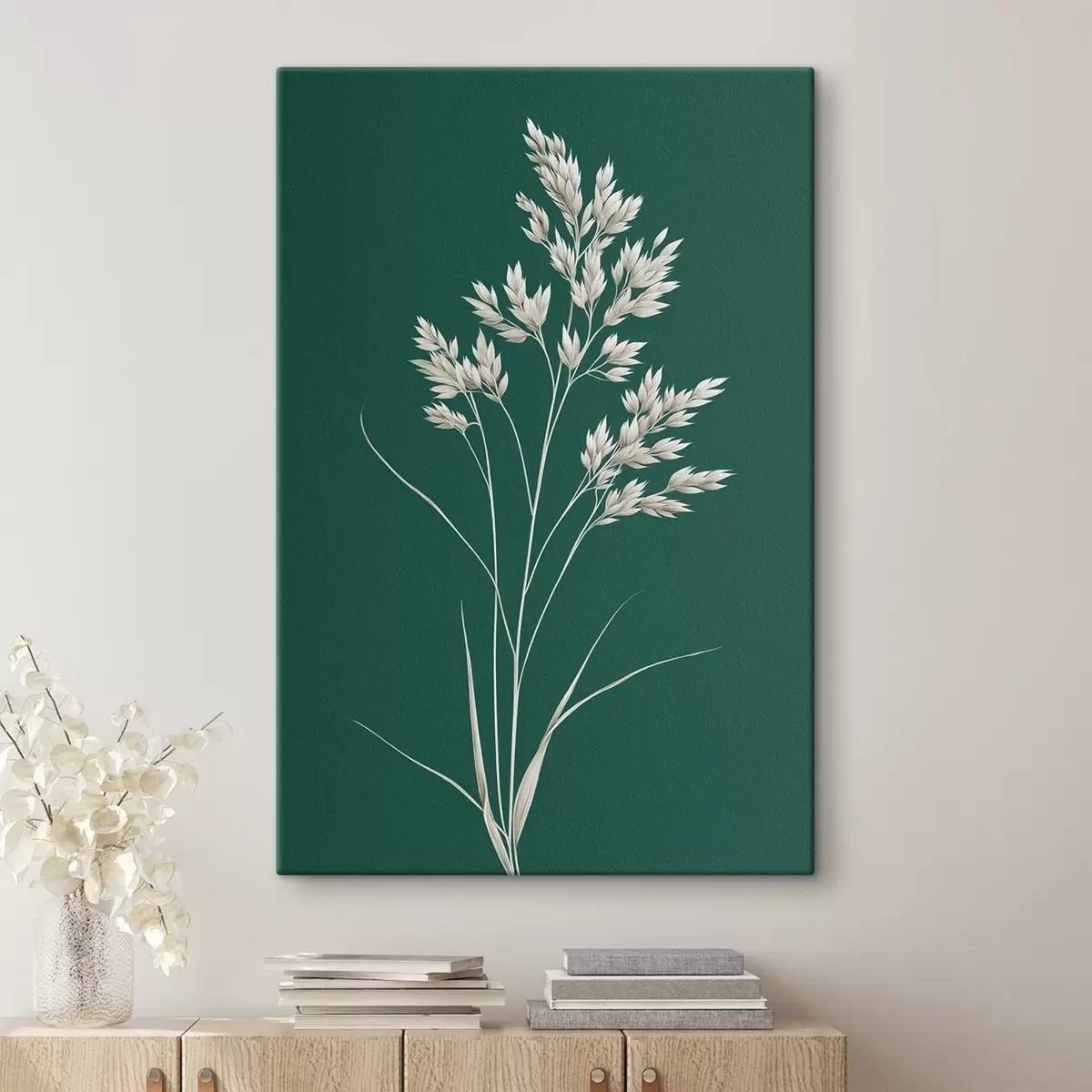 Tableau botanique, minimal, herbe, tige, fond vert, naturel, plante, plat s45091
